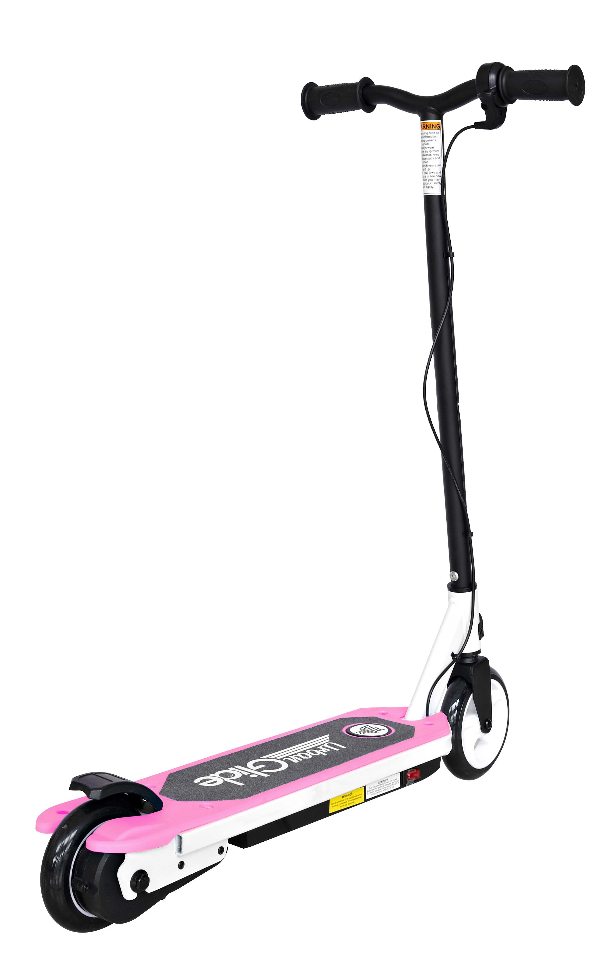 Scooter elettrico rosa e bianco con manubrio nero e ruota posteriore nera.