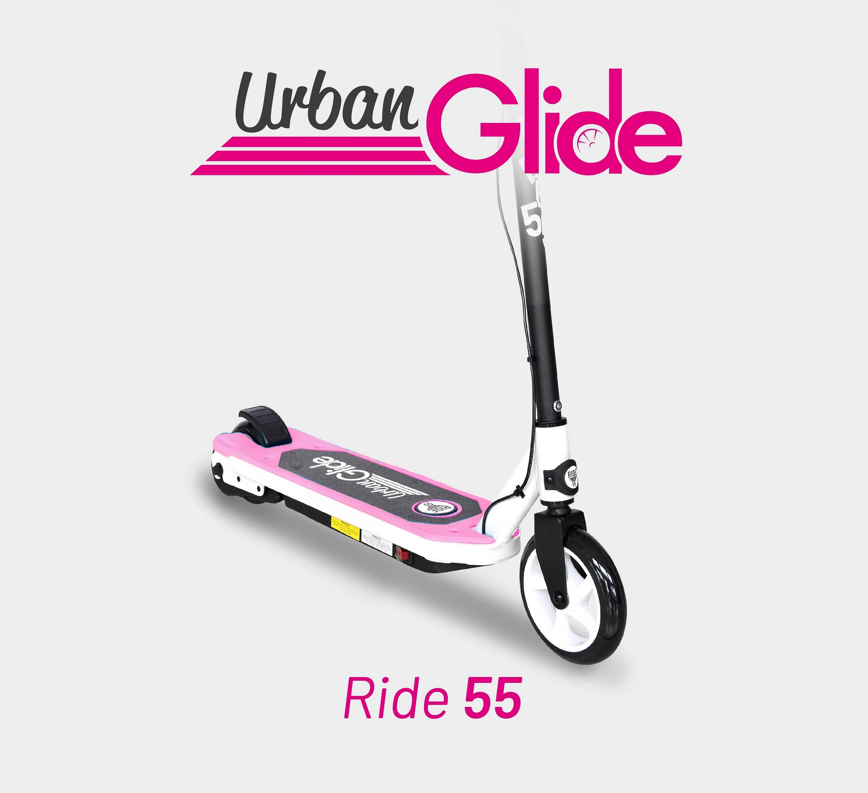 Scooter elettrico rosa e bianco con la scritta 'Urban Glide' e 'Ride 55'. Sfondo chiaro.