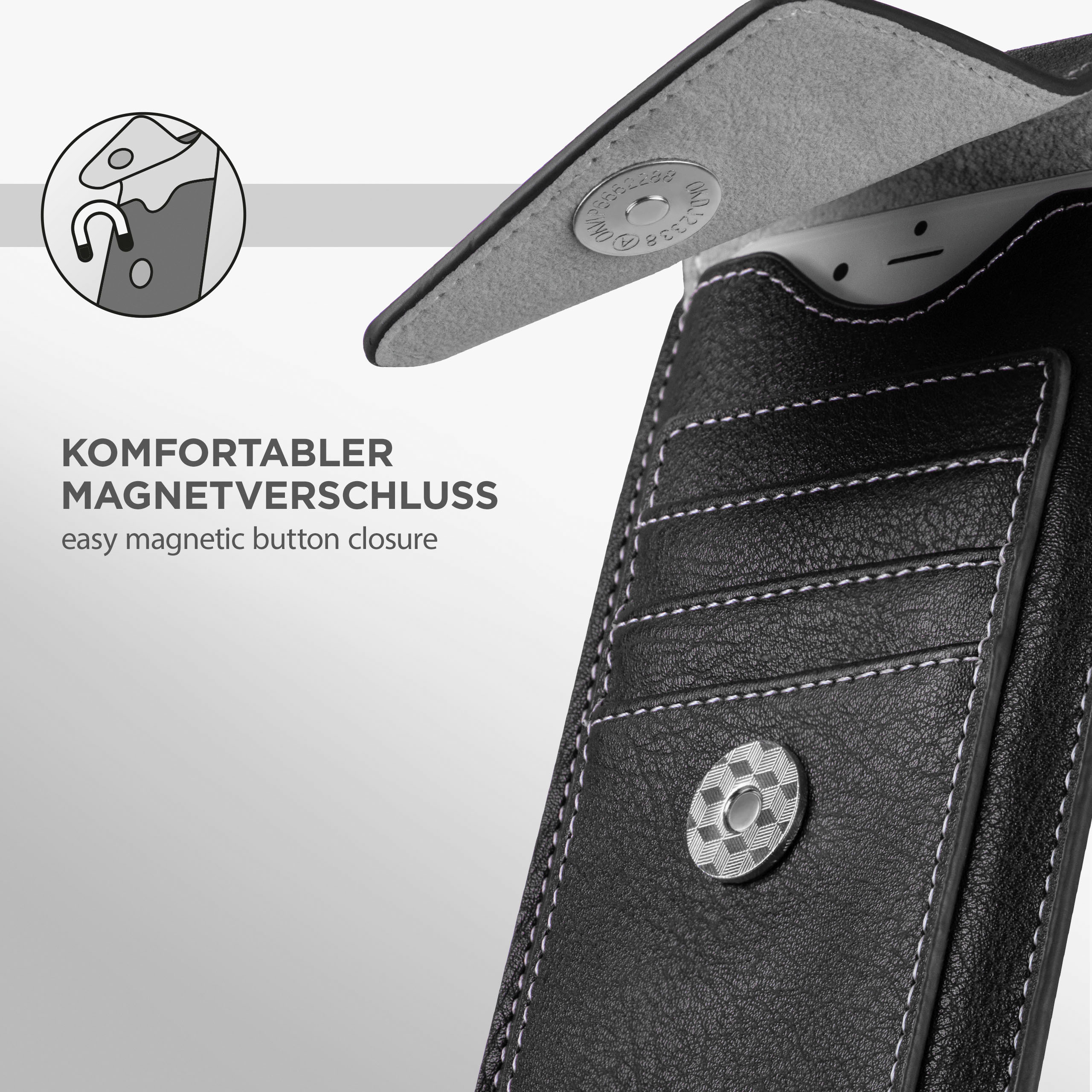Schwarze Leder-Handyhülle, Magnetverschluss. Telefon innen, weiße Nähte. Nahaufnahme.