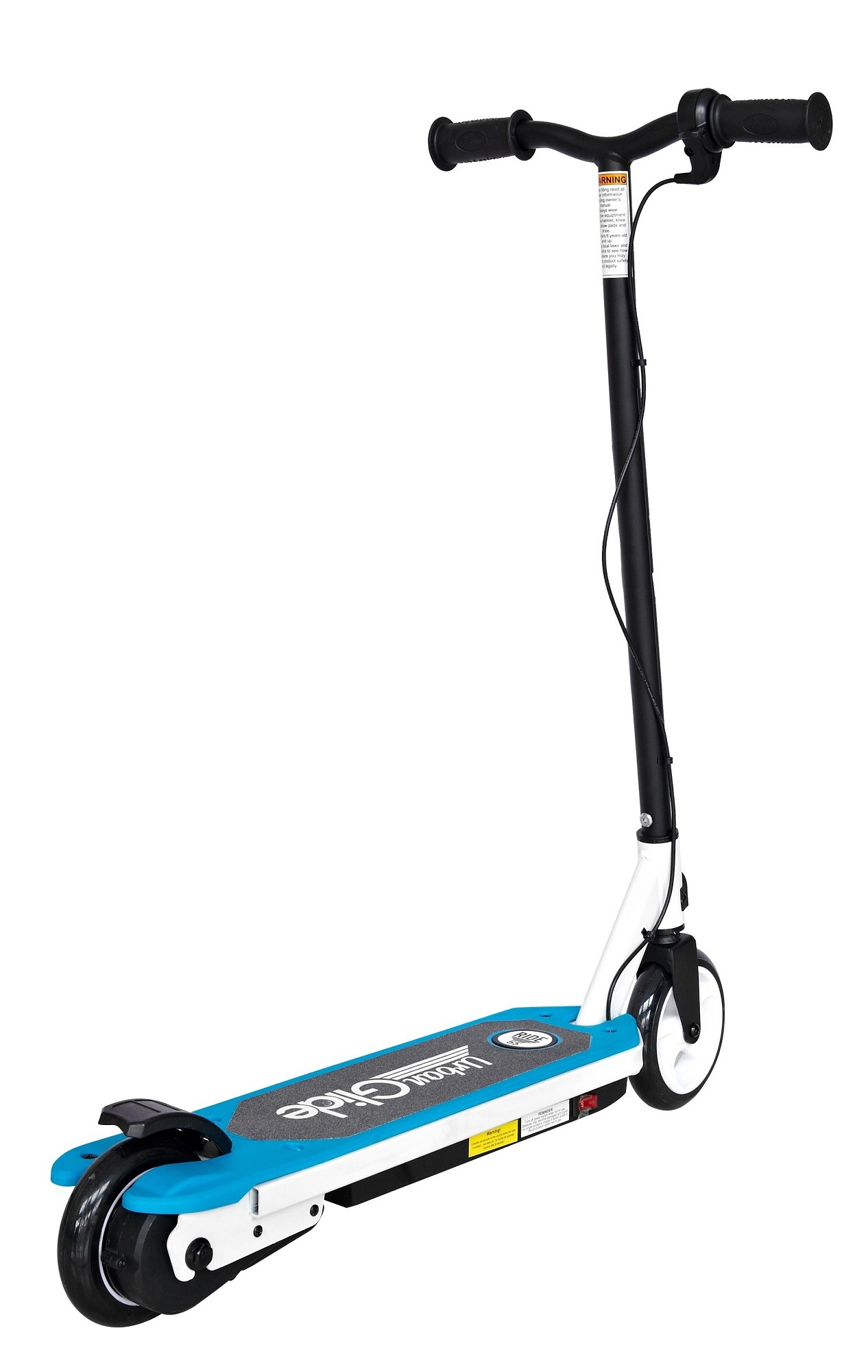 Monopattino elettrico su bianco. Manubrio nero, corpo bianco, piattaforma blu, ruote nere.
