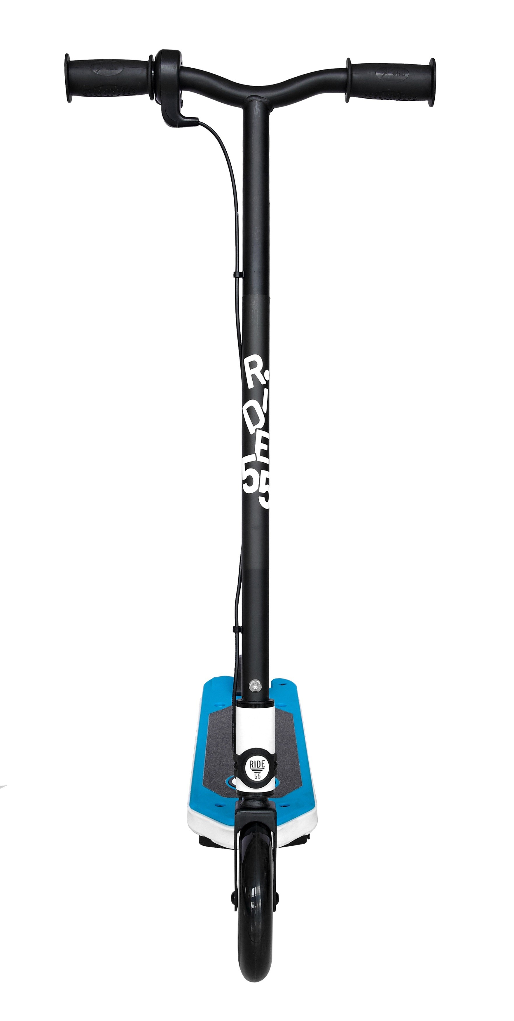 Monopattino elettrico blu e bianco su sfondo bianco, visto frontalmente.