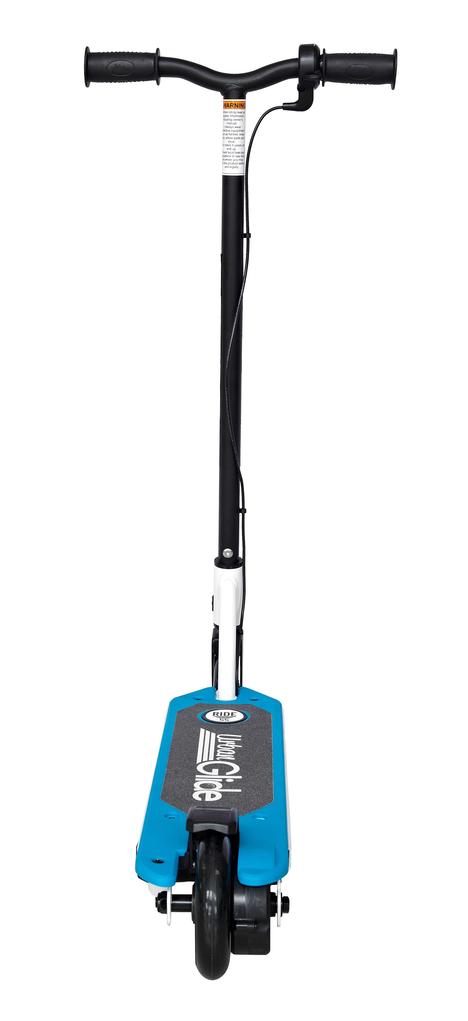 Scooter elettrico blu e nero. Lo scooter ha un manubrio e una base per i piedi.