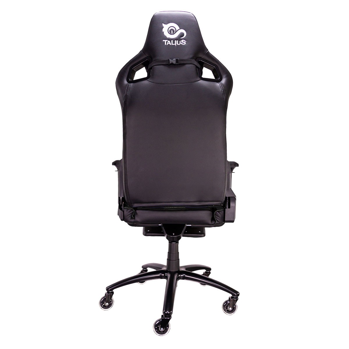 Silla gaming negra vista desde atrás. Con un logo en el reposacabezas.