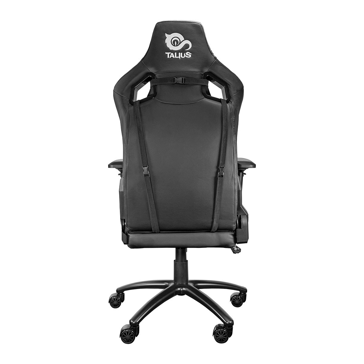 Rückansicht des schwarzen Gaming-Stuhls. Der Stuhl verfügt über eine Kopfstütze, Gurte und eine schwarze Basis.