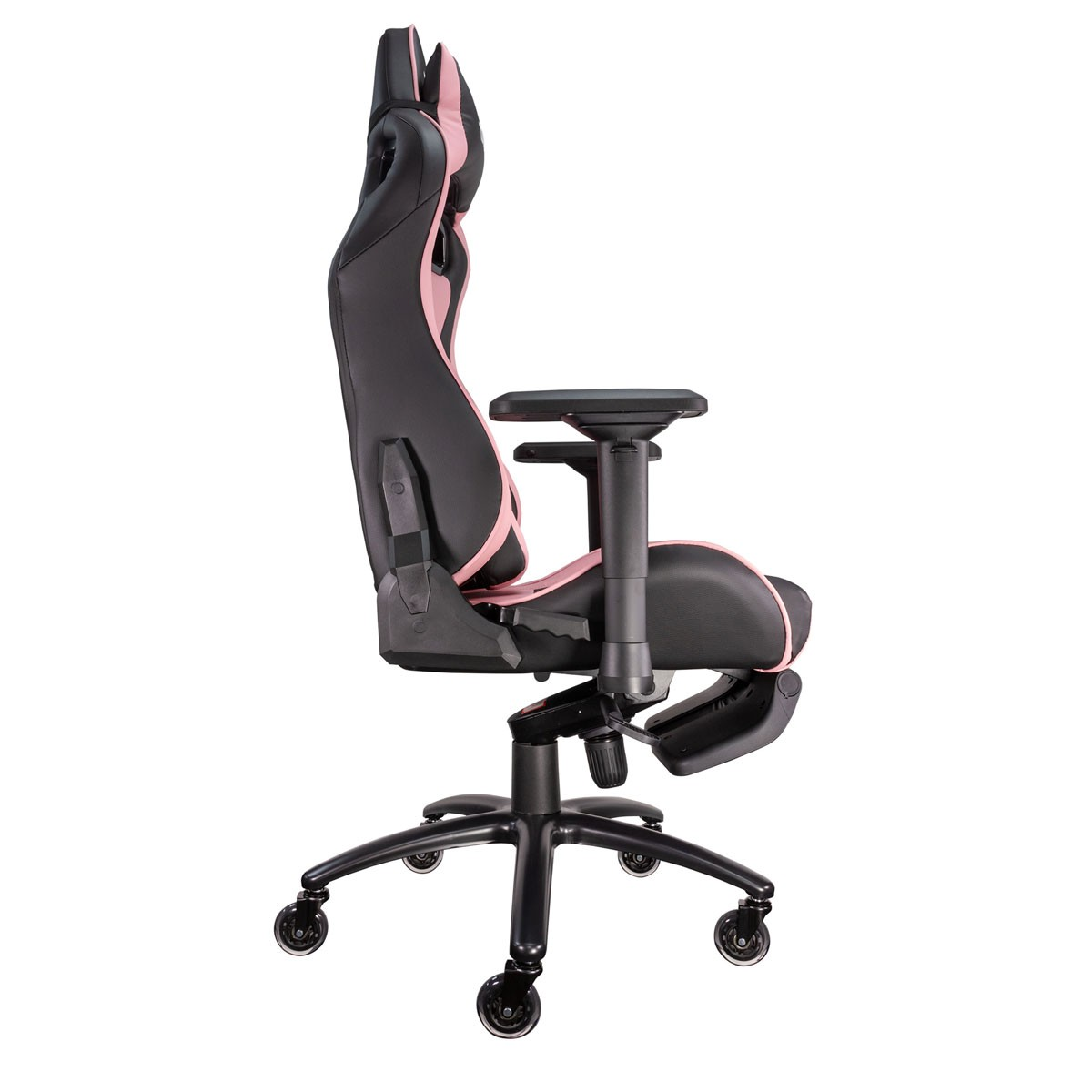 Gaming-Stuhl in Schwarz und Rosa. Weißer Hintergrund.