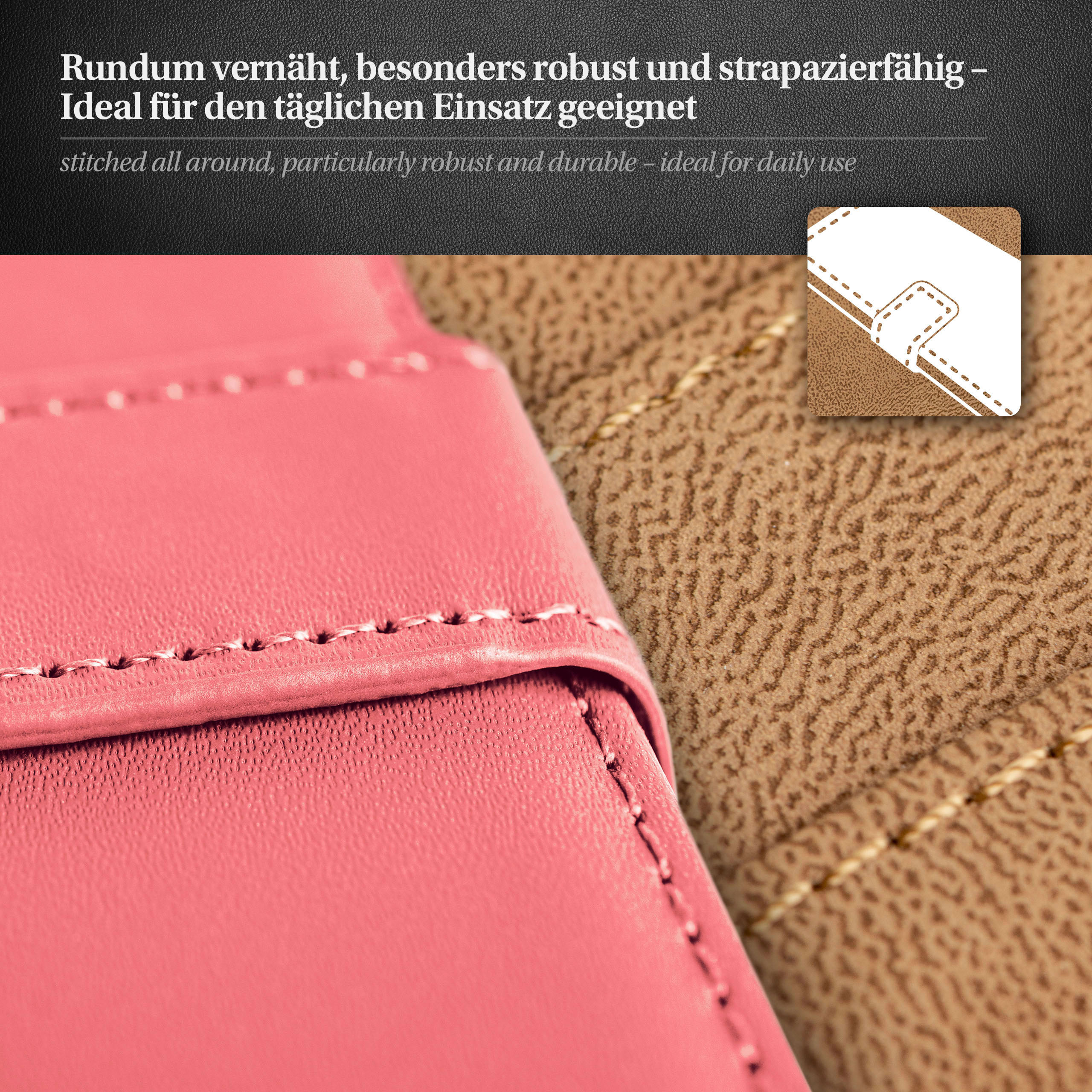 Nahaufnahme einer genähten rosa und braunen Lederhülle. Text: rundum genäht, robust und strapazierfähig.
