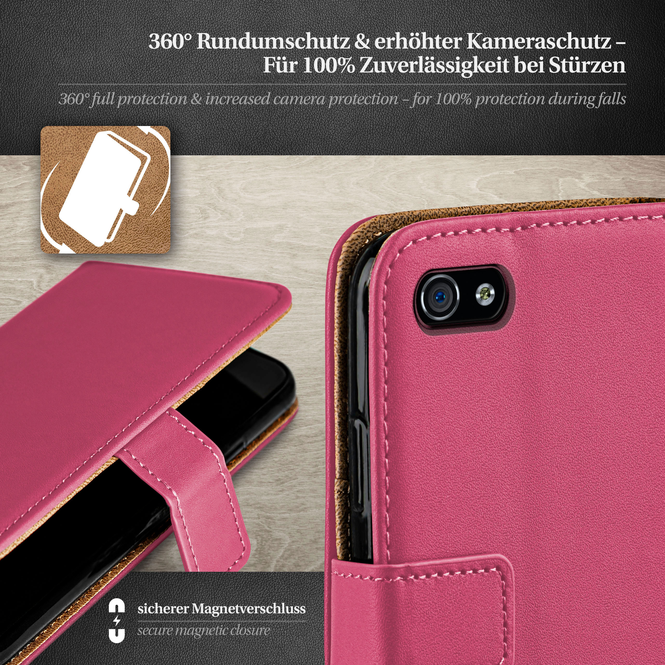 Rosa Handyhülle mit Telefon darin. Die Hülle ist links geschlossen und rechts offen.