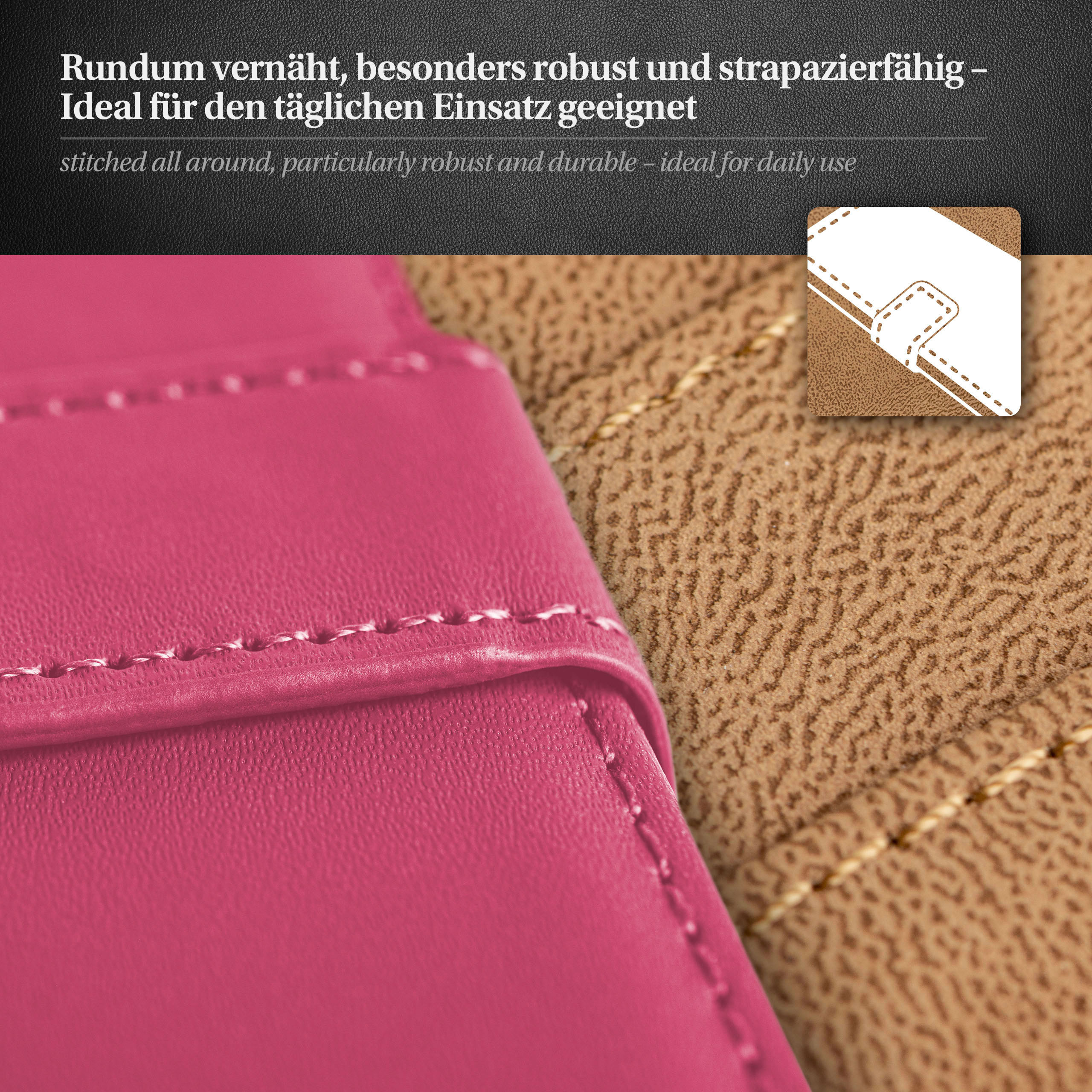Rosa und braunes Lederetui-Detail mit weißen Nähten. Rundum genäht. Ideal für den täglichen Gebrauch.