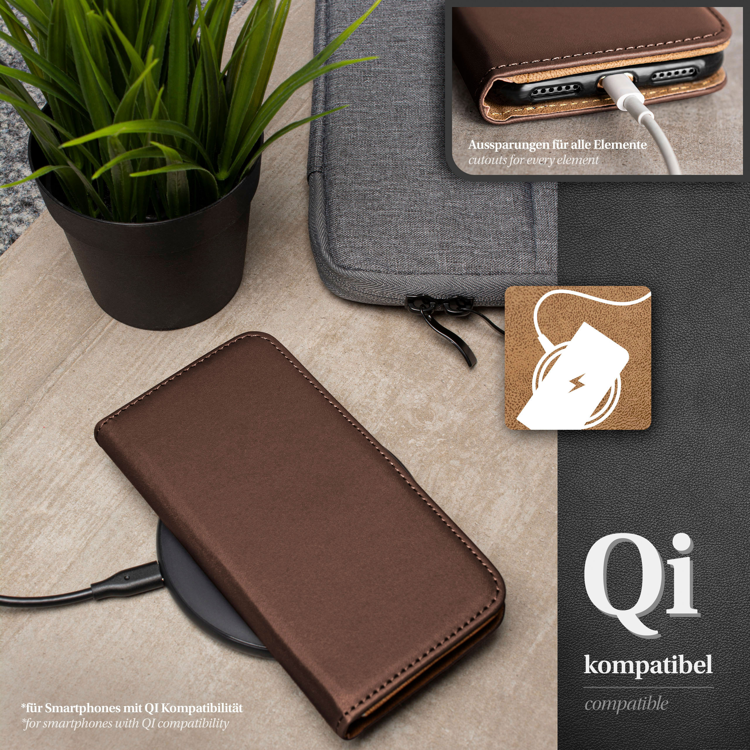 Braune Handyhülle auf kabellosem Ladegerät, Pflanze und Tasche sichtbar.