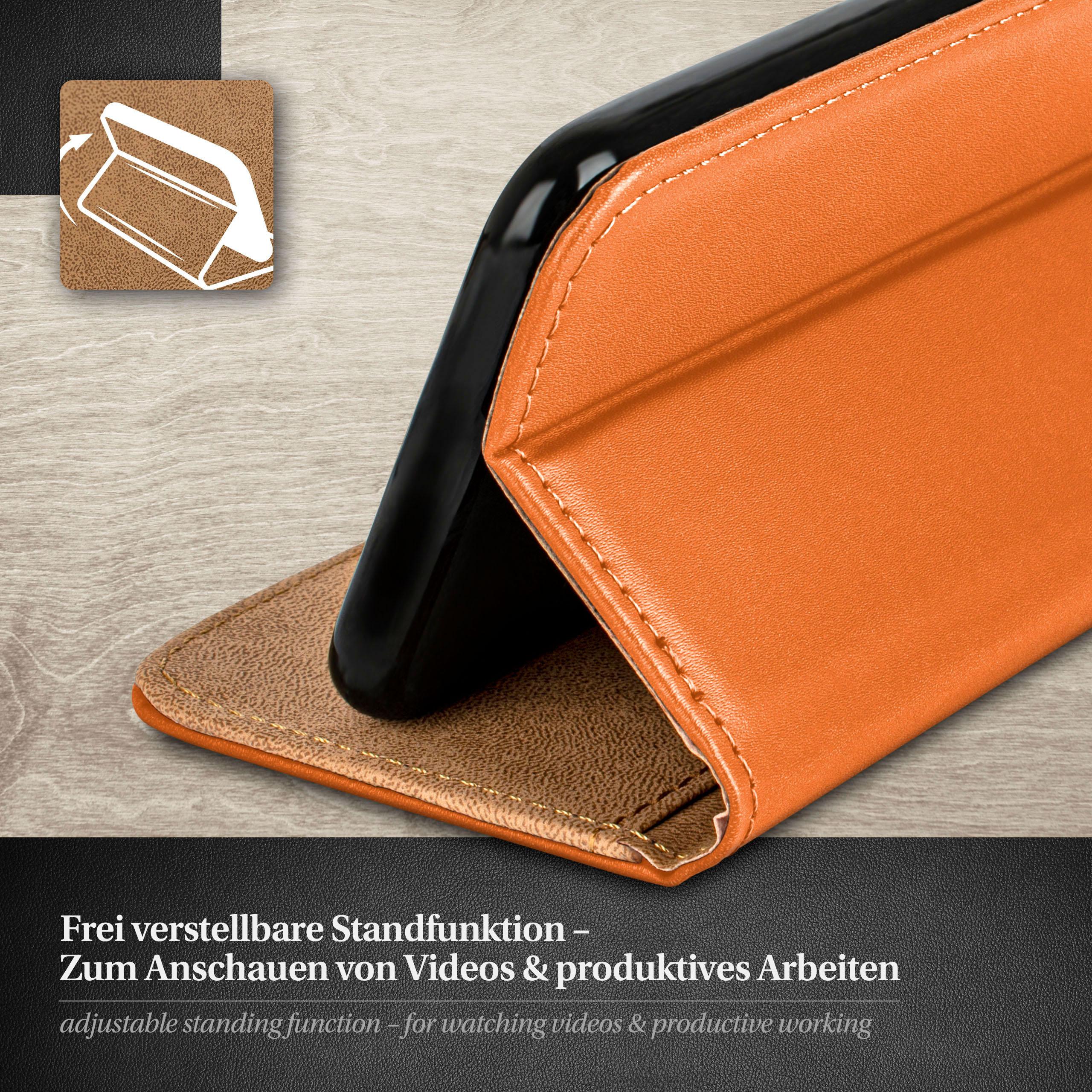 Orangene Handyhülle mit Handy, aufgestellt. Text: Einstellbare Standfunktion.