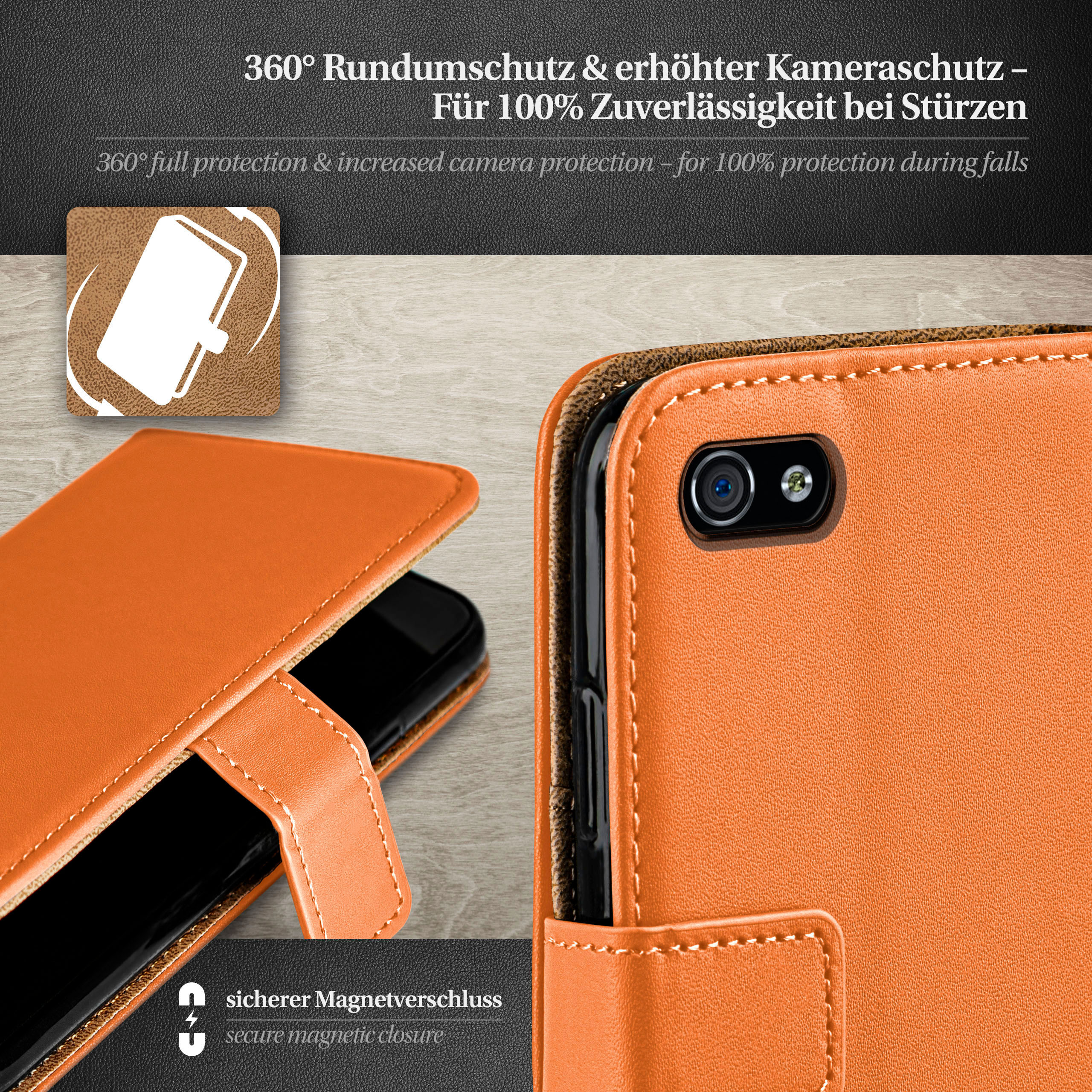 Eine offene orangefarbene Handyhülle mit einem Telefon darin, auf braunem Untergrund.