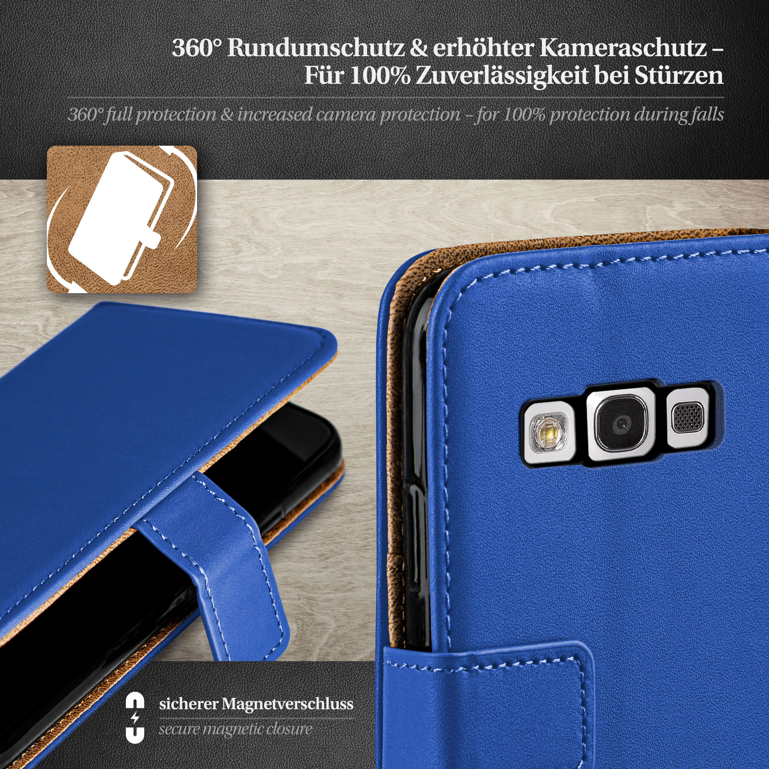 Blaue Handyhülle mit Telefon. Text: 360° Schutz. Sicherer Magnetverschluss.