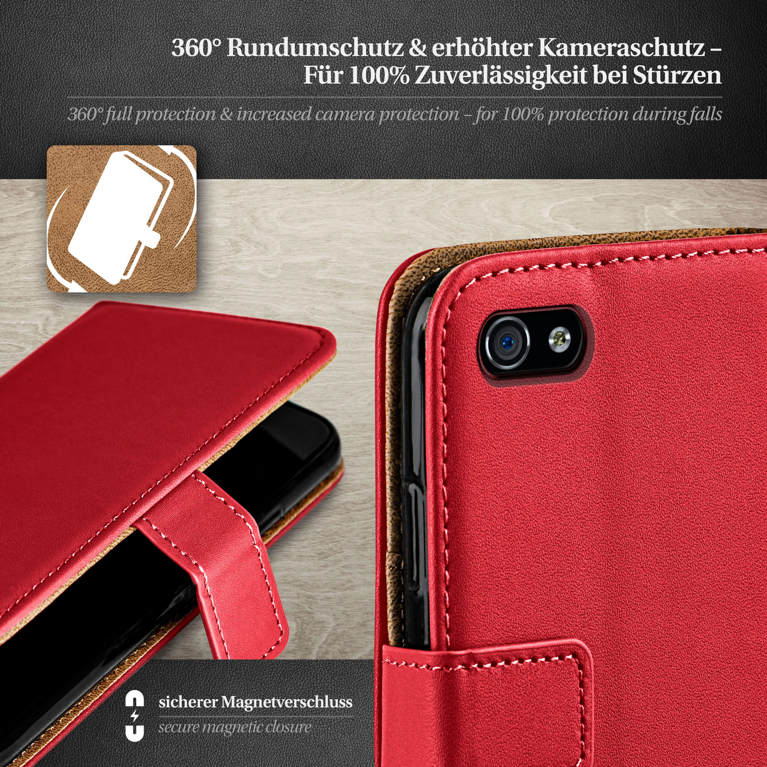 Eine rote Handyhülle mit einem Telefon darin und Text, der Funktionen beschreibt.