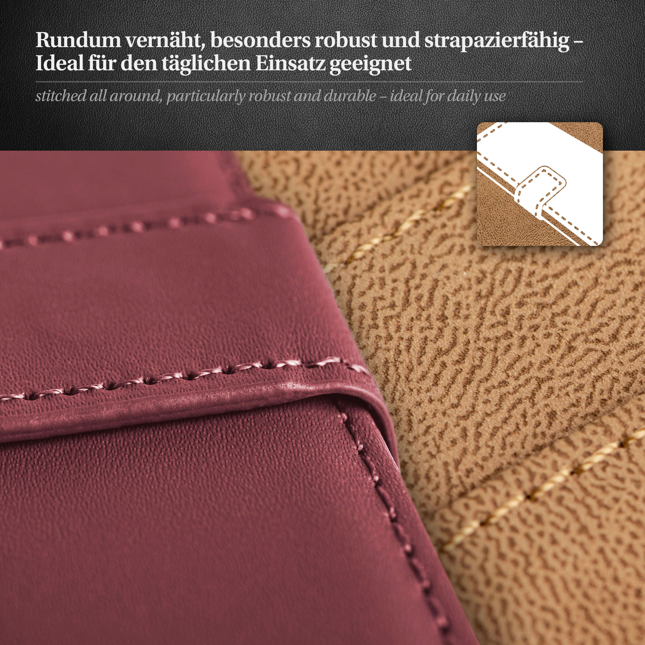 Nahaufnahme von burgunderfarbenem Leder mit Nähten, beiger Stoffhintergrund, Detail.