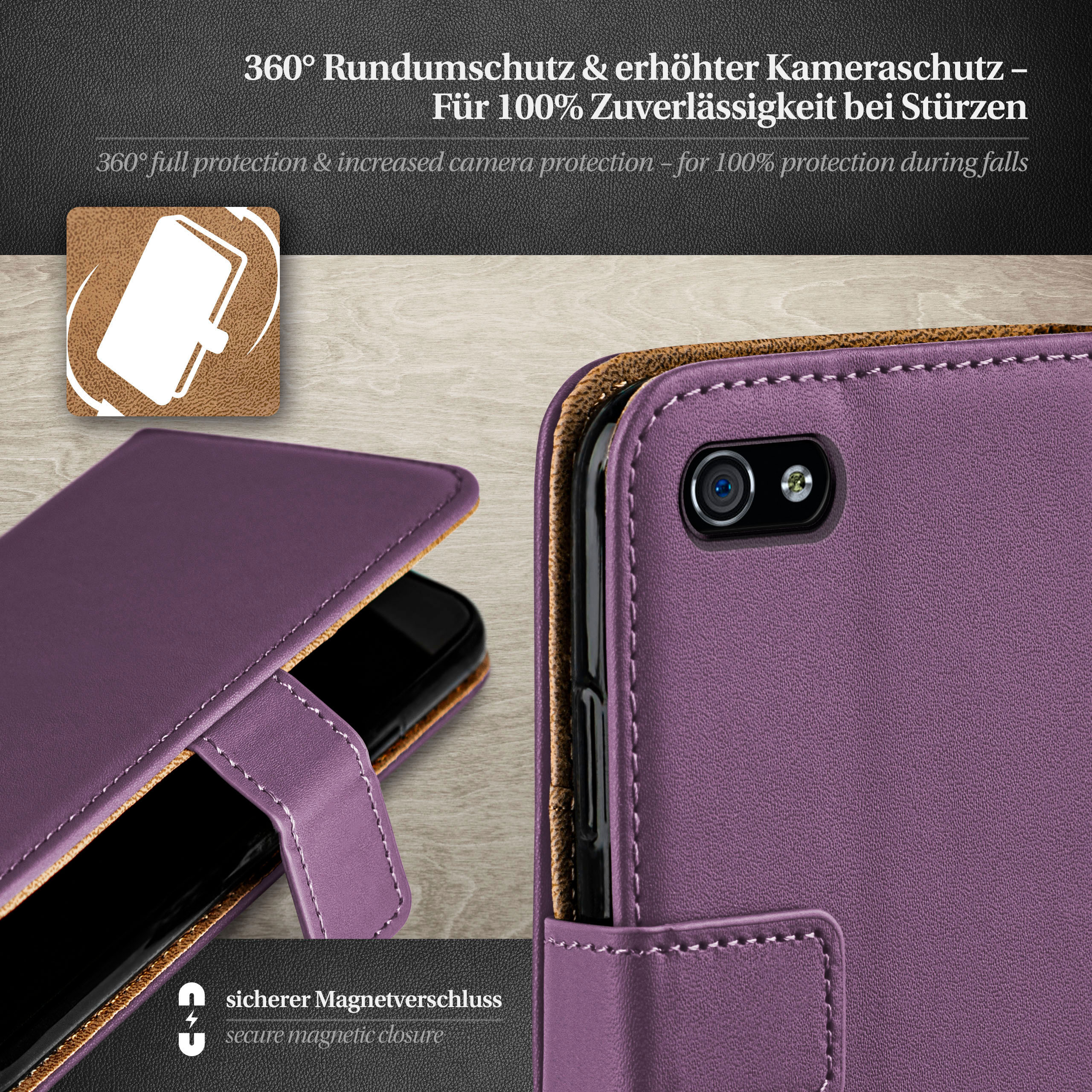 Violette Handyhülle mit Telefon. Mit Magnetverschluss und braunem Innenfutter.