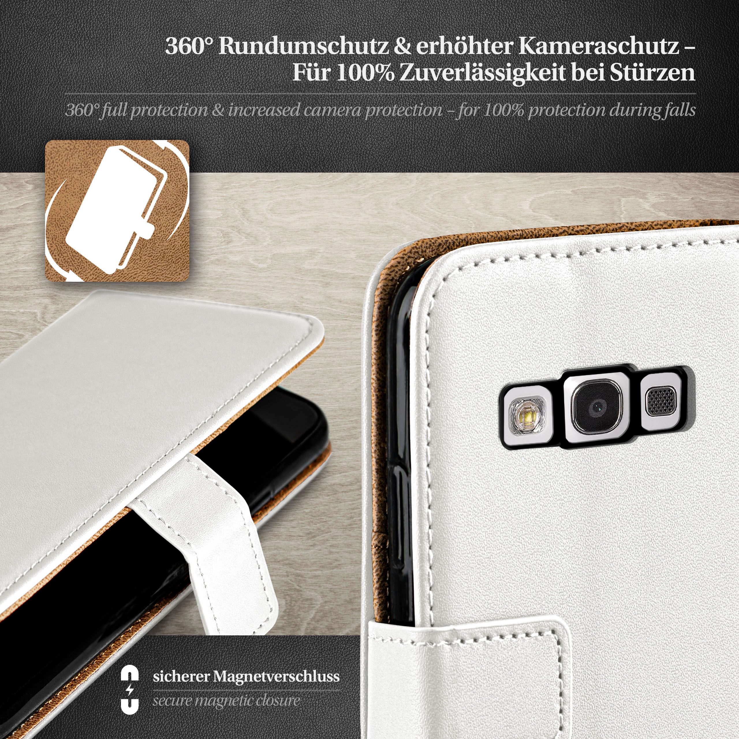 Weißes Handycase mit schwarzem Telefon darin. Nahaufnahme der Handykamera.