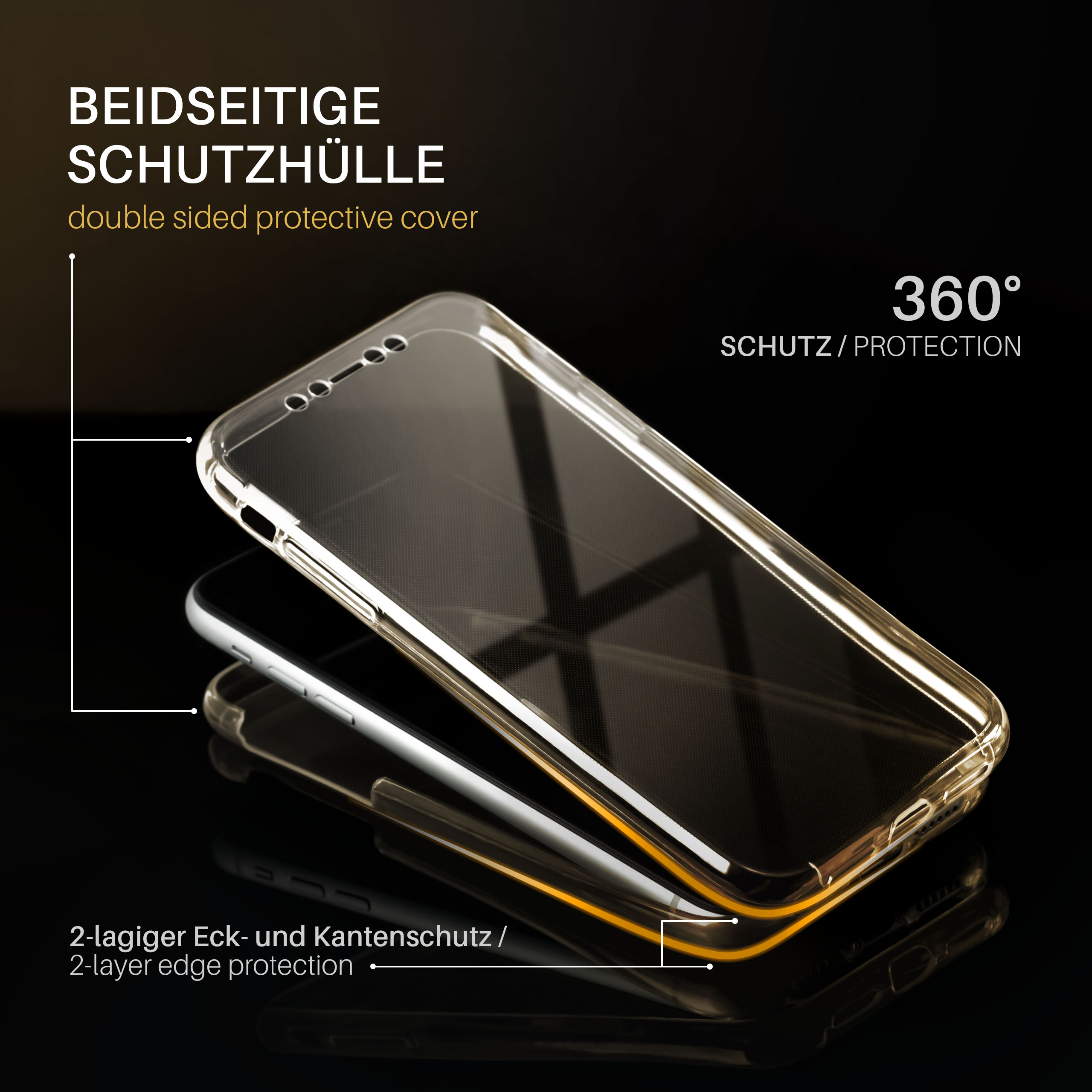 Transparente Handyhülle über einem schwarzen Telefon, mit Text. Schwarzer Hintergrund.