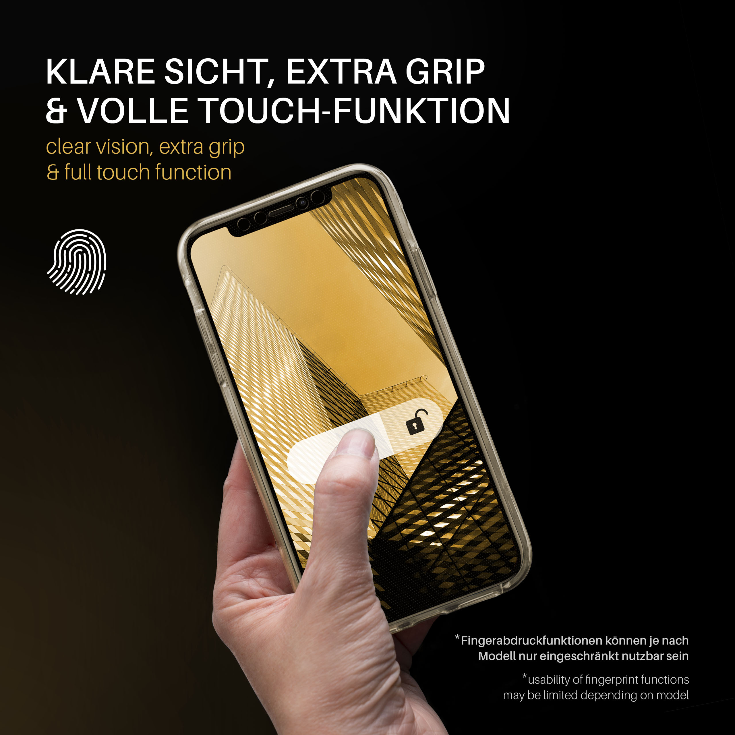 Eine Person hält ein Telefon mit einem Bildschirm, der ein Schlosssymbol zeigt, mit Text oben.