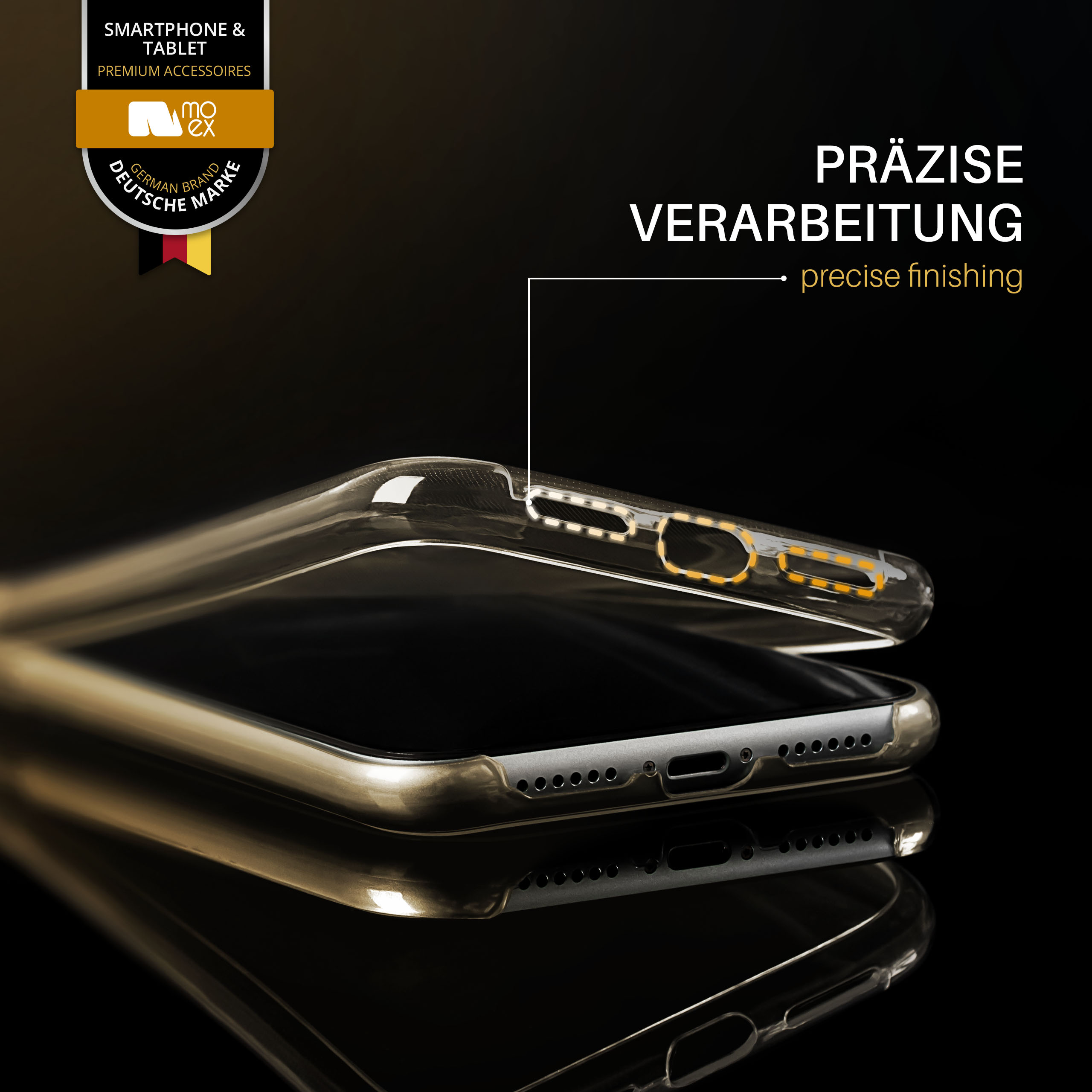 Transparente Handyhülle mit präziser Verarbeitung, zeigt das Telefondesign.