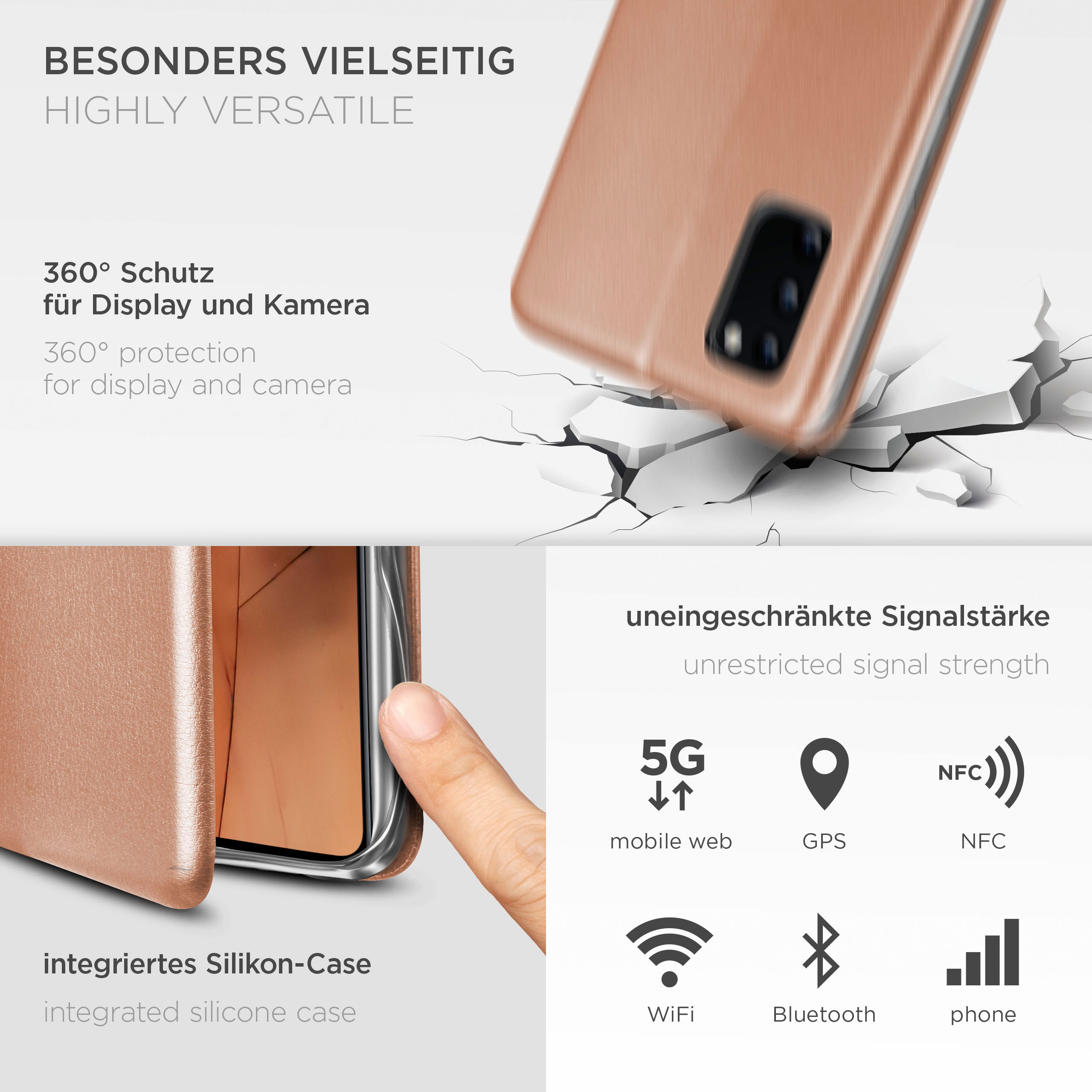 Nahaufnahme eines roségoldenen Telefons mit einer durchsichtigen Hülle. Text und Symbole um das Telefon.