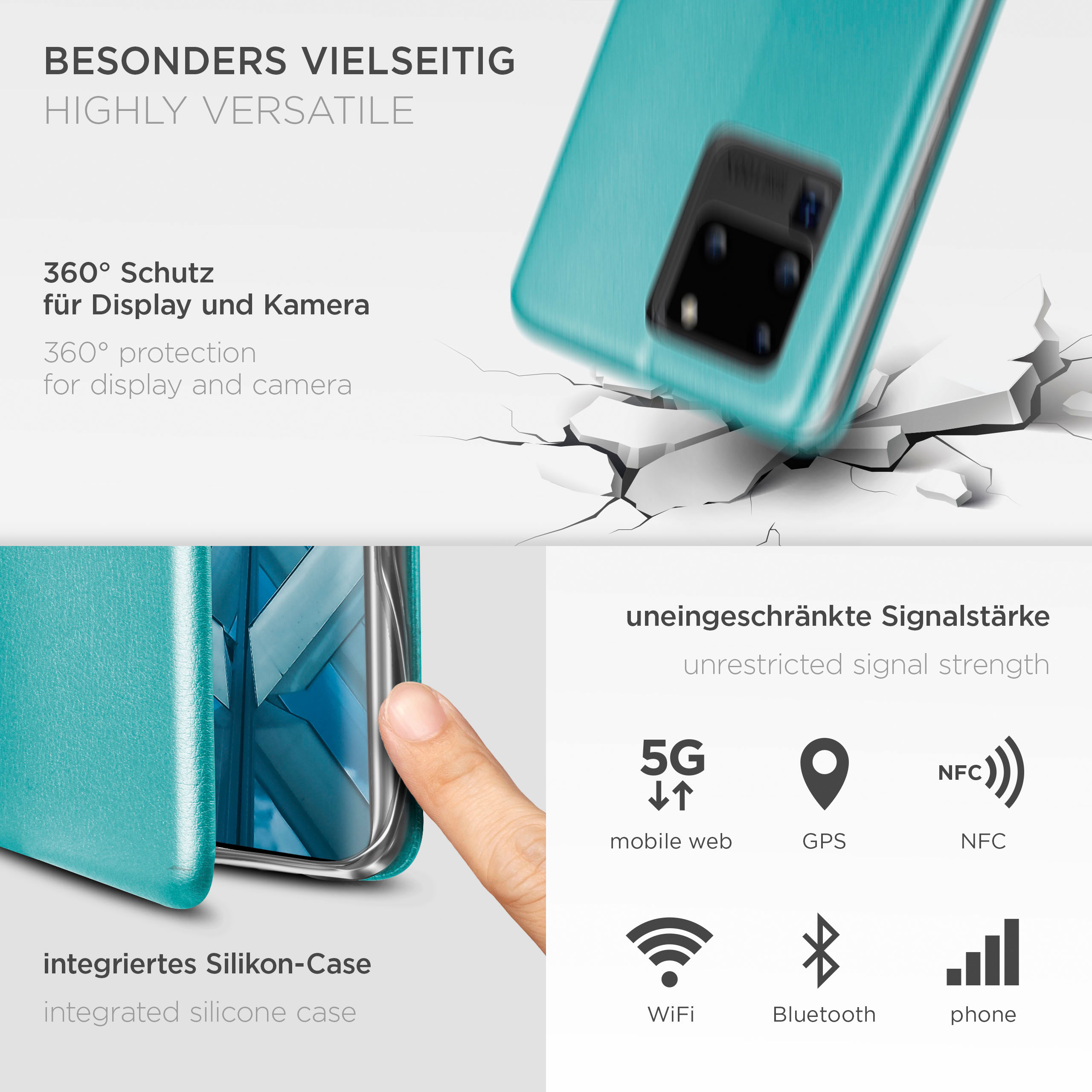 Handyhülle, türkis, mit 360°-Schutzbeschreibung und Symbolen.