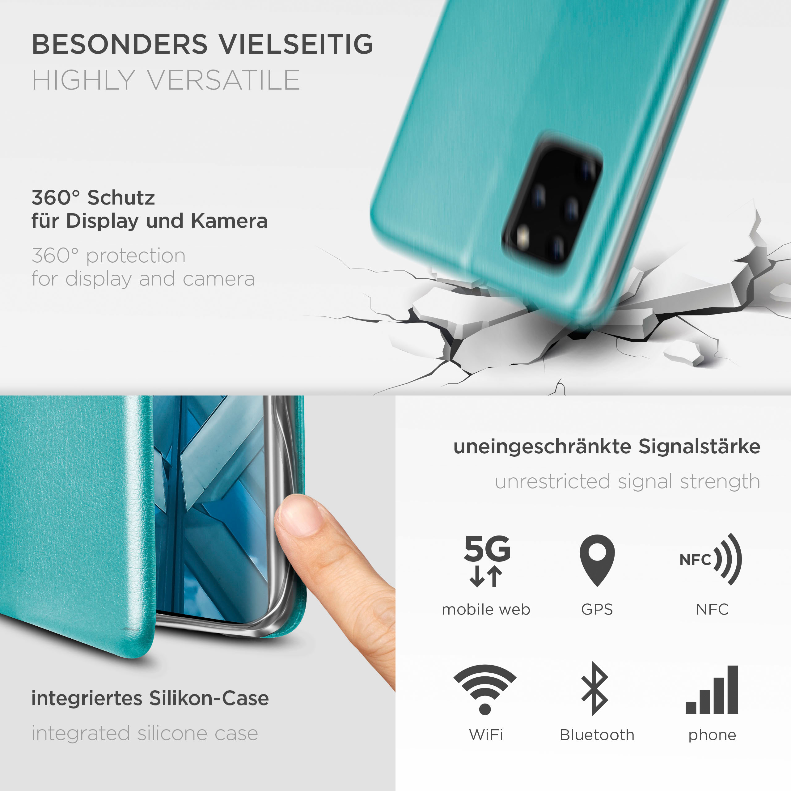 Türkisfarbene Handyhülle mit Telefon. Symbole für 5G, GPS, NFC, WLAN, Bluetooth und Signalstärke werden gezeigt.