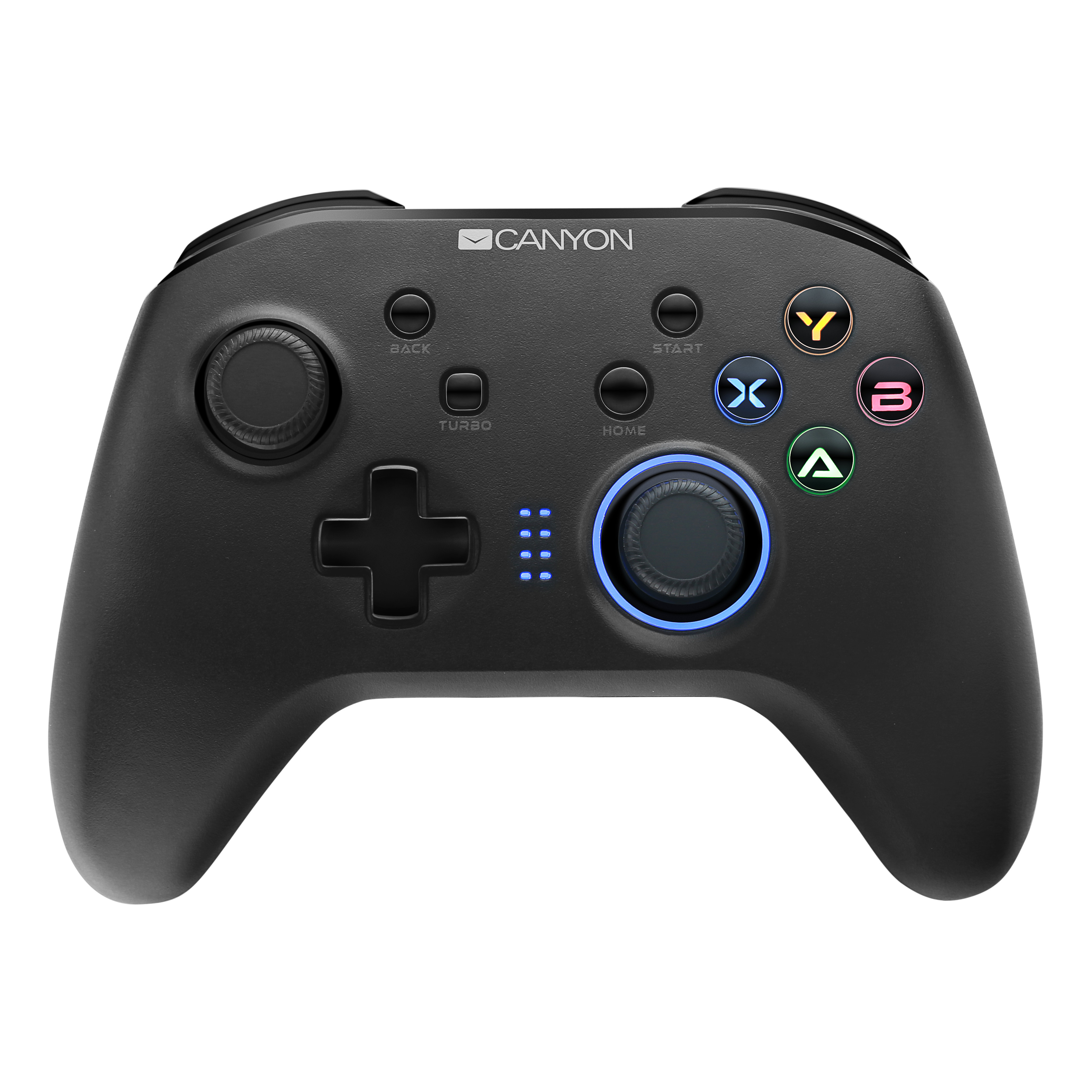 Czarny gamepad Canyon z wieloma przyciskami i świecącym pierścieniem.