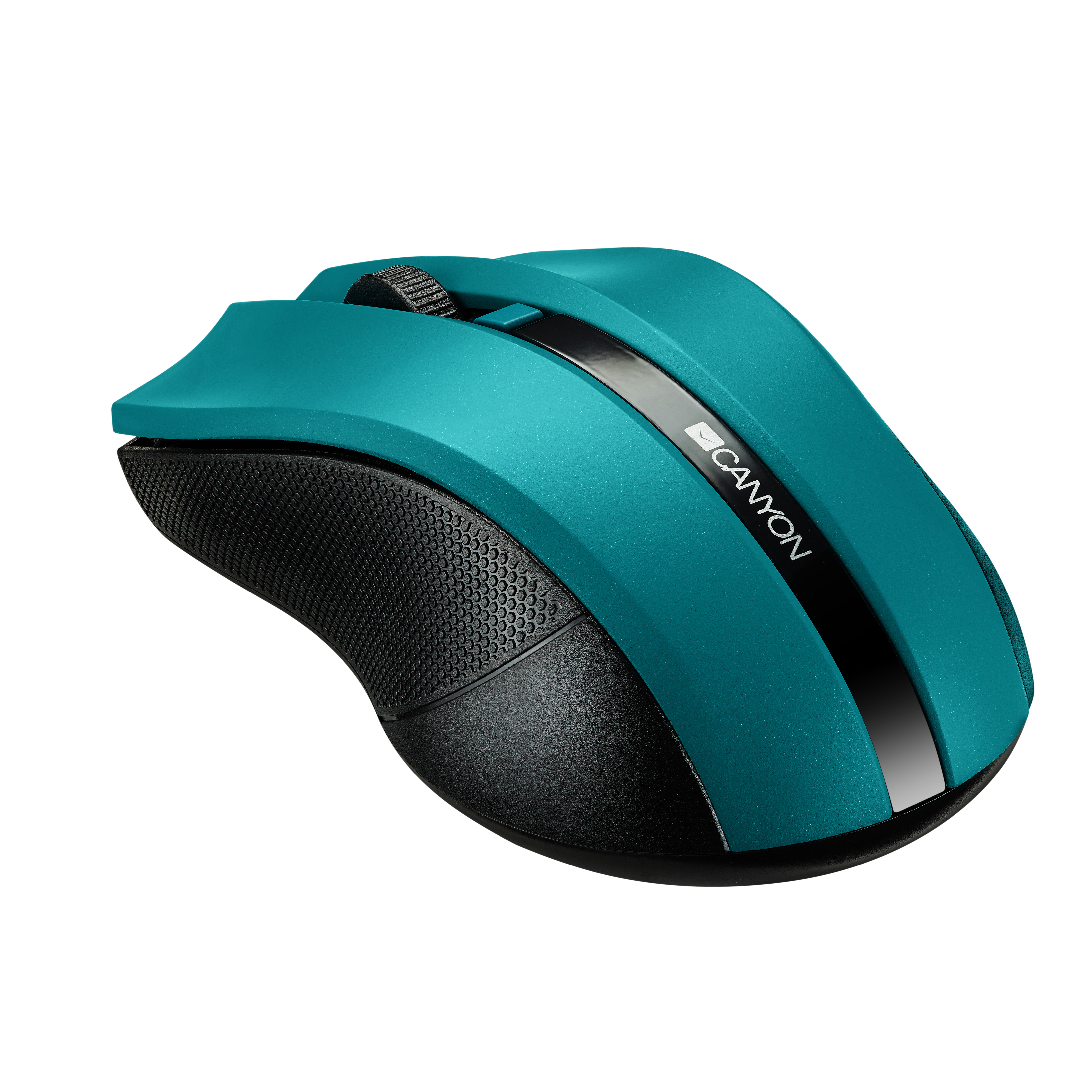 Mouse per computer turchese con dettagli neri e logo.