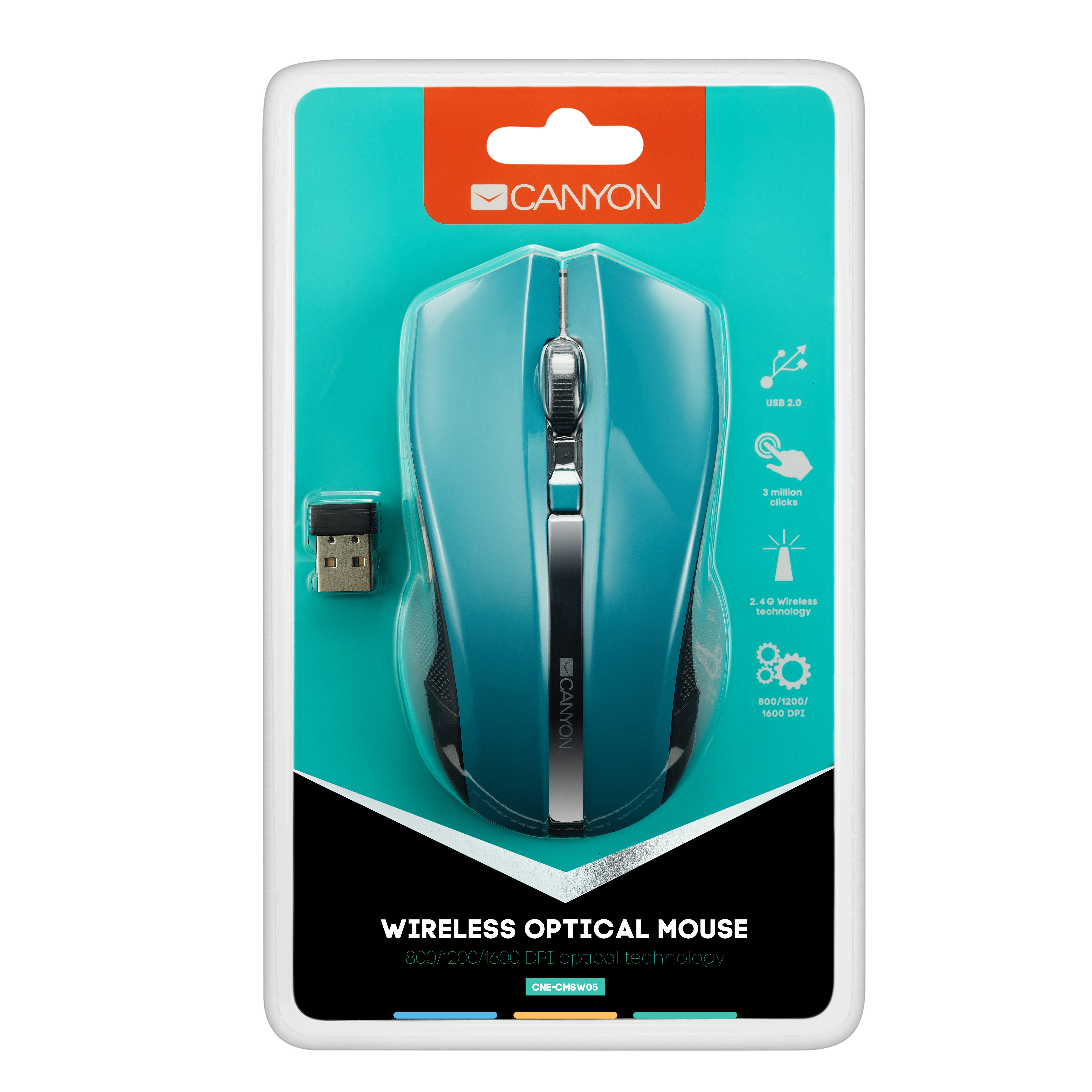 Mouse ottico wireless blu in confezione. Marchio Canyon.