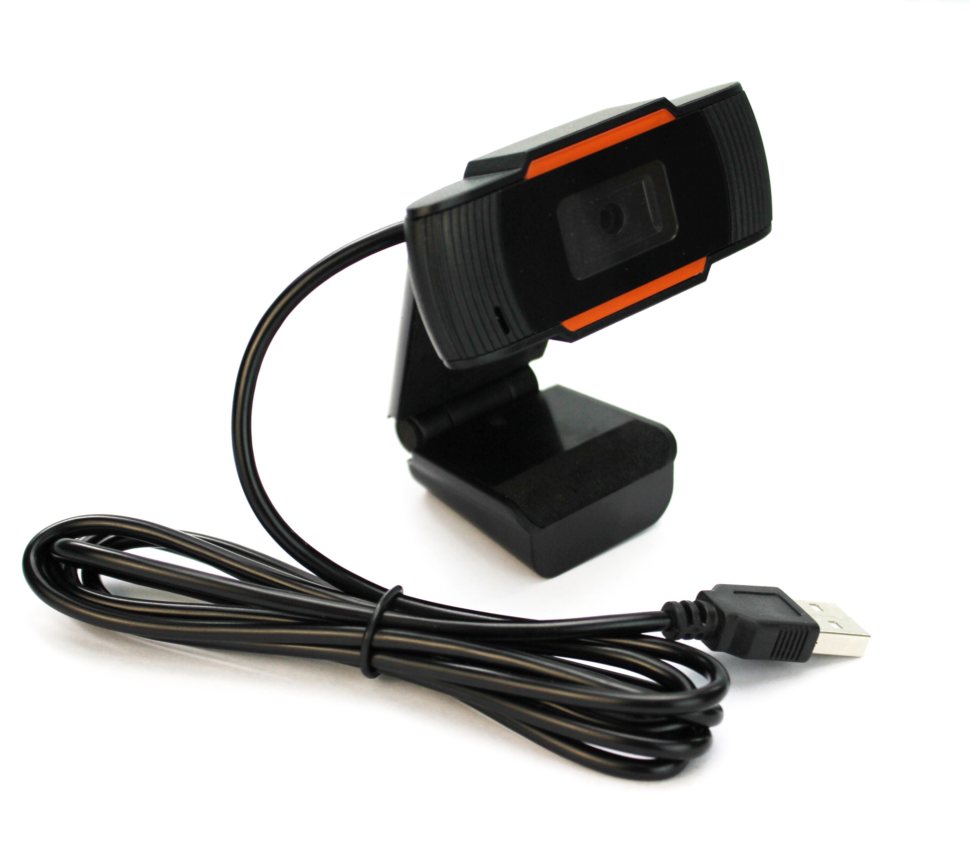 Webcam nera con un accento arancione e un cavo USB nero.