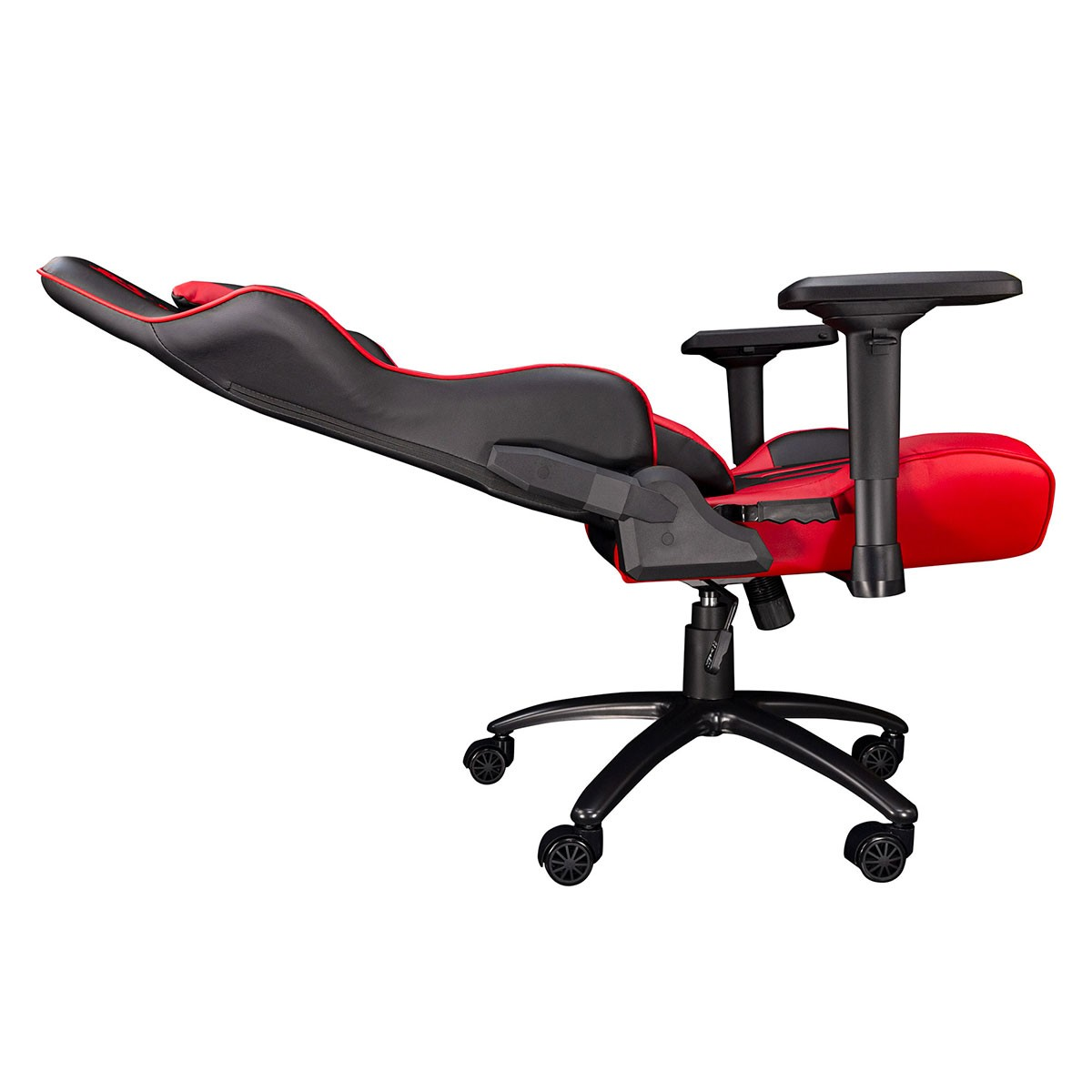 Silla gamer roja y negra con base y ruedas negras.