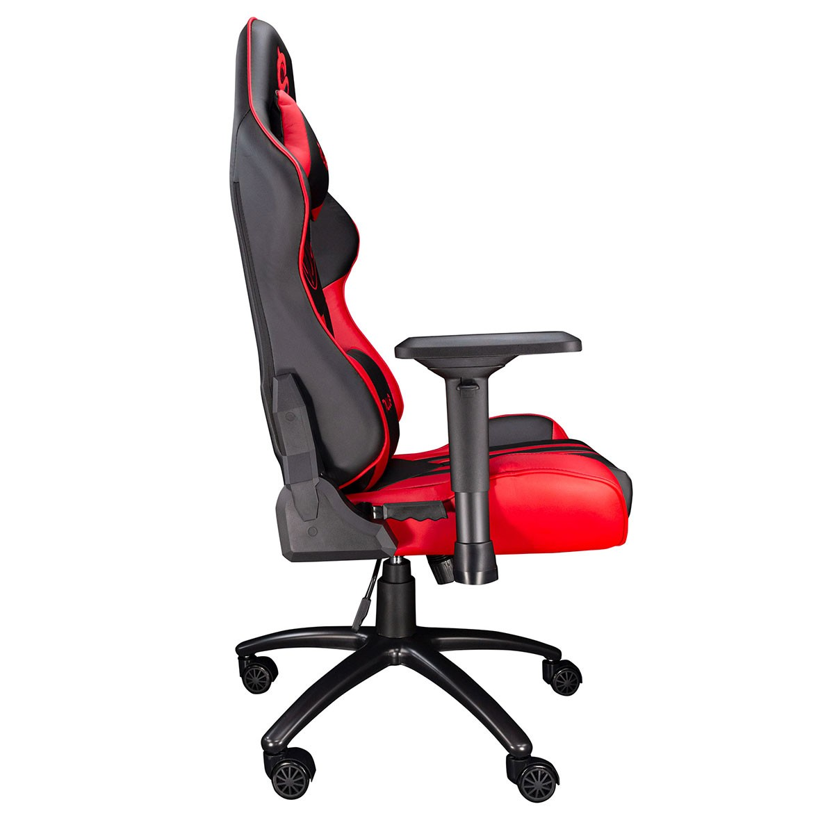 Silla gaming roja y negra en vista de perfil. Con reposacabezas, reposabrazos y base de cinco ruedas.