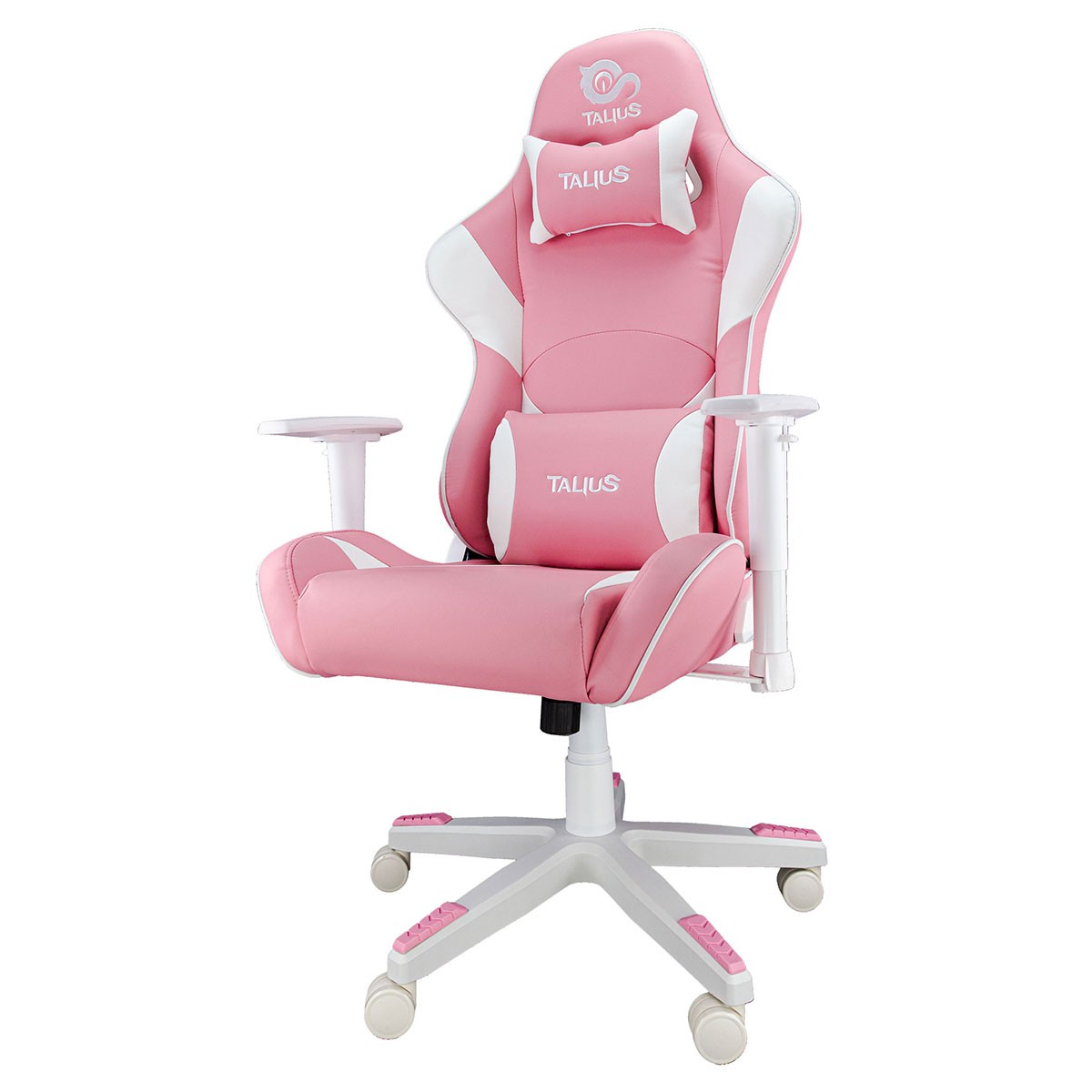 Pinker und weißer Gaming-Stuhl mit Kopfstütze und Lendenwirbelstütze.
