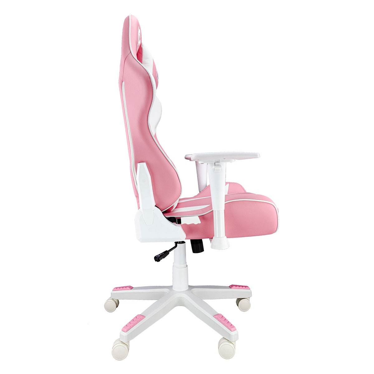 Ein pink-weißer Gaming-Stuhl von der Seite, mit weißem Gestell und pinken Rollen.