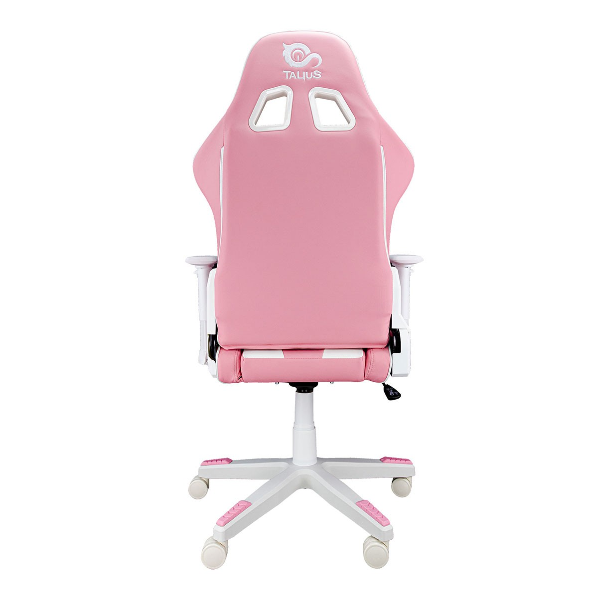 Pinker Gaming-Stuhl, Rückansicht. Weiße Akzente, Logo und Radstand. Pinker Sitz.