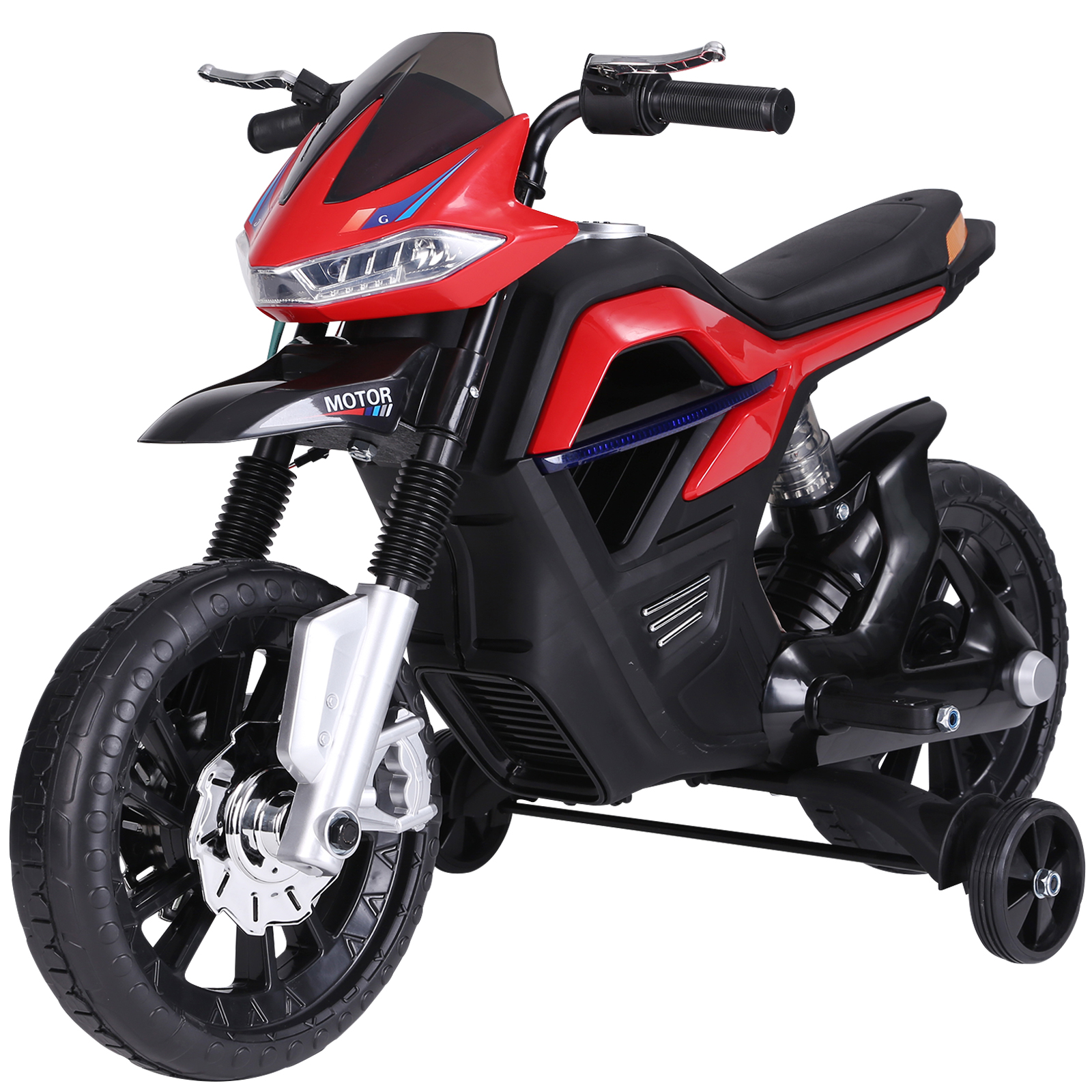 Moto giocattolo rossa e nera con rotelle. Sfondo bianco, isolato.