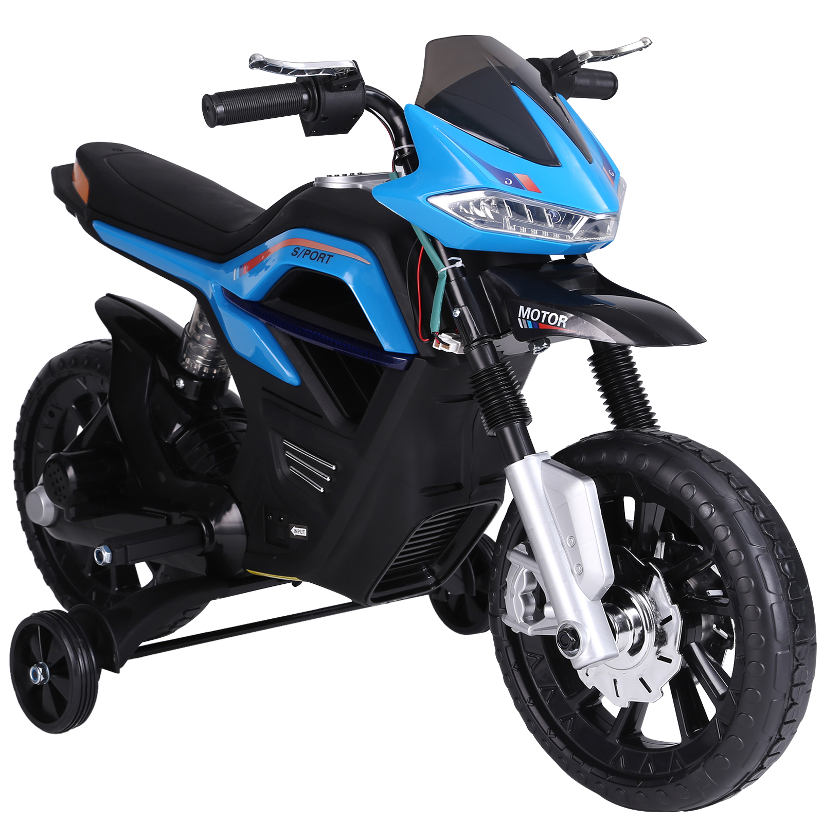 Moto giocattolo blu e nera con ruote di supporto. Ha un parabrezza e un design dettagliato.