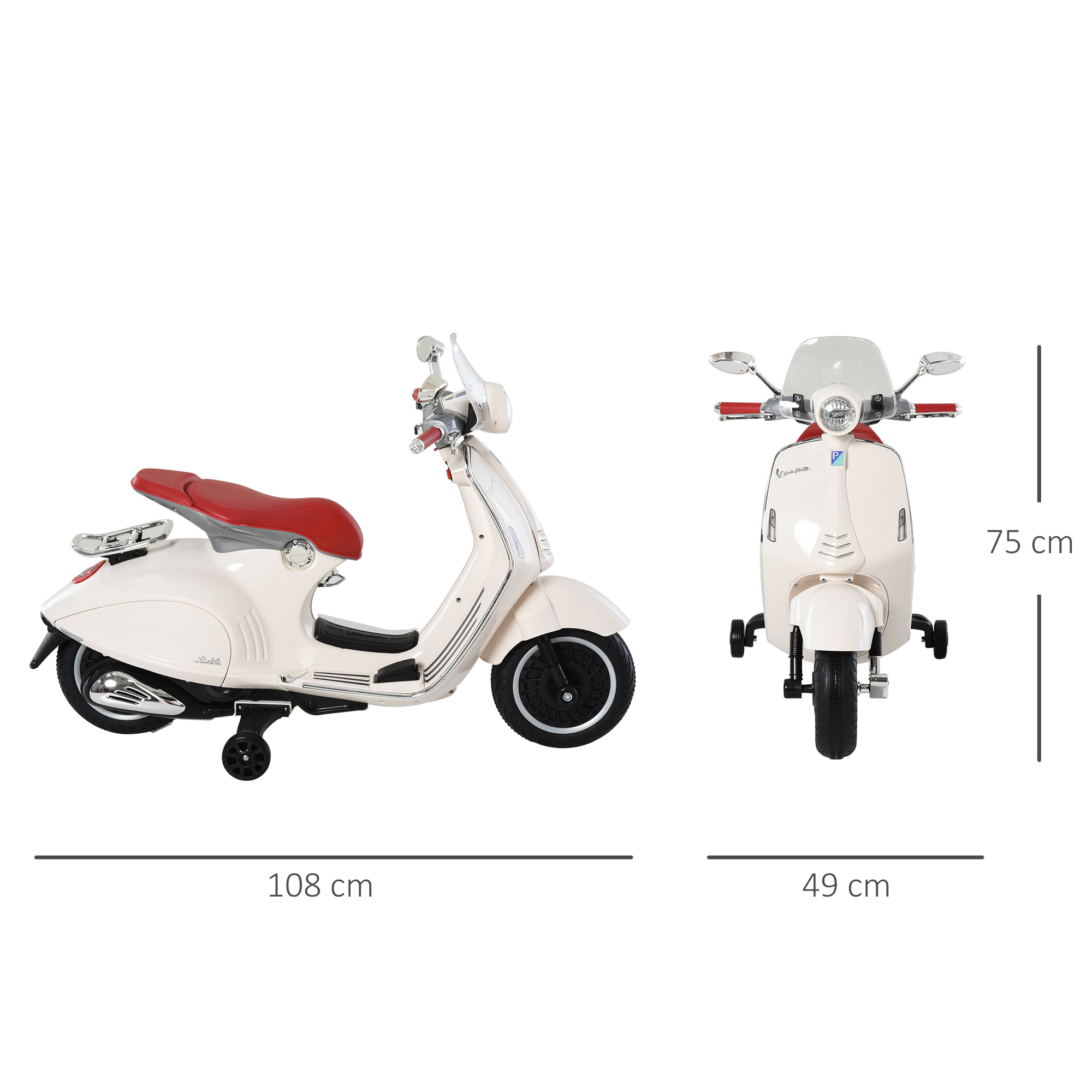 Scooter giocattolo bianco con sedile rosso, pneumatici neri e dimensioni: 108x49x75 cm.