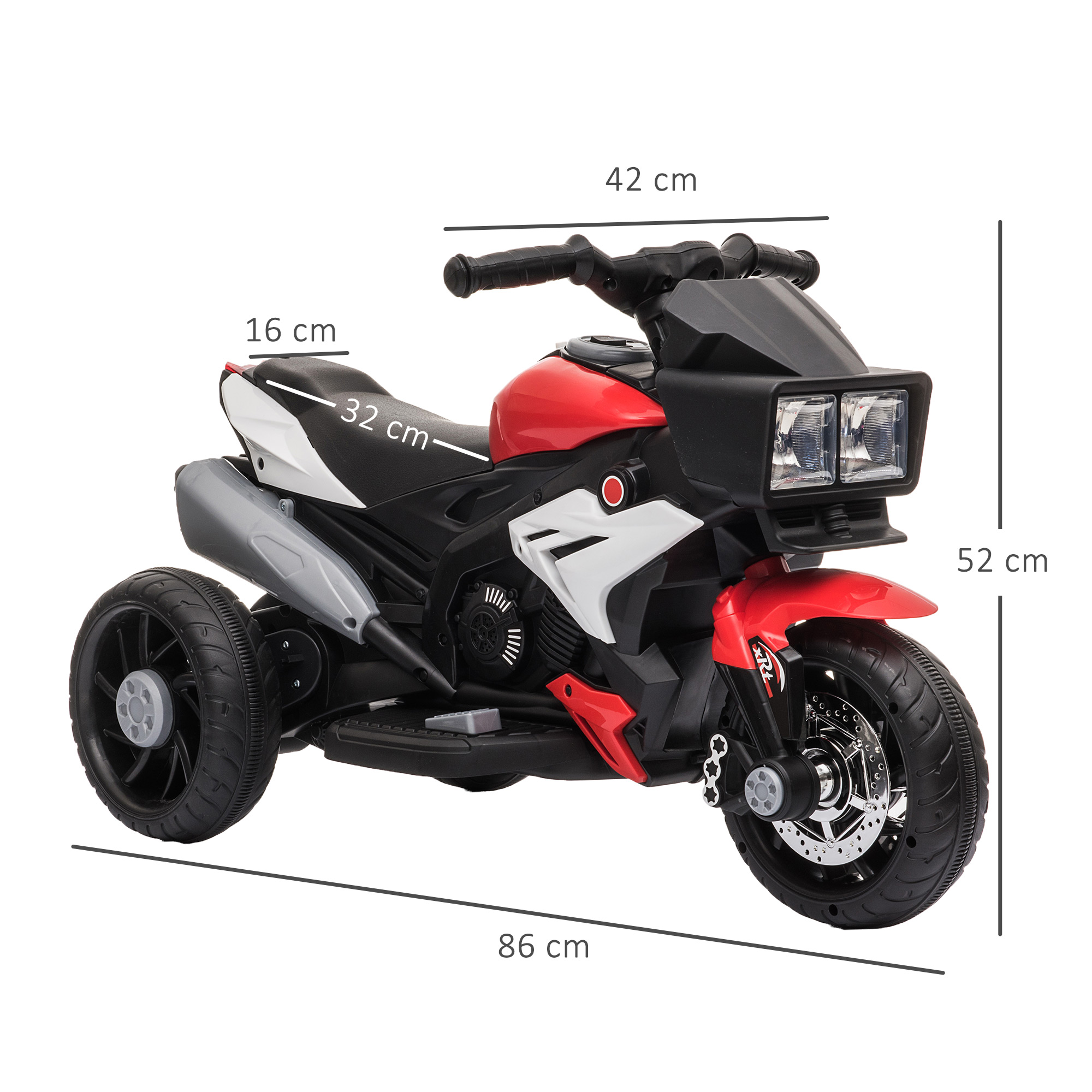 Moto giocattolo rossa e nera con dimensioni segnate.