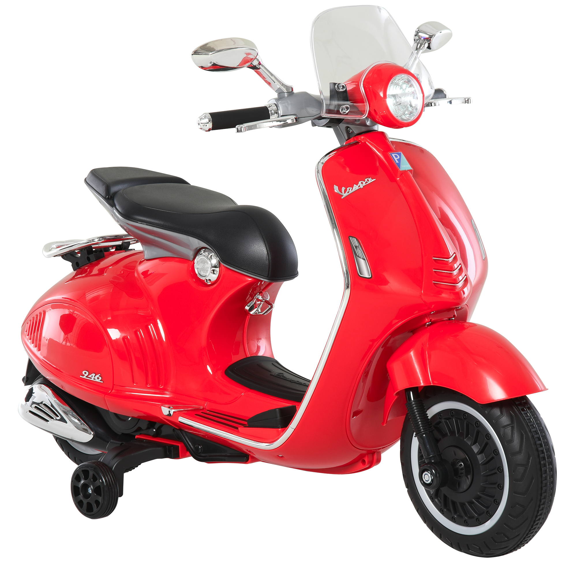 Giocattolo scooter Vespa rosso. Sfondo bianco. Ruote laterali per la stabilità.