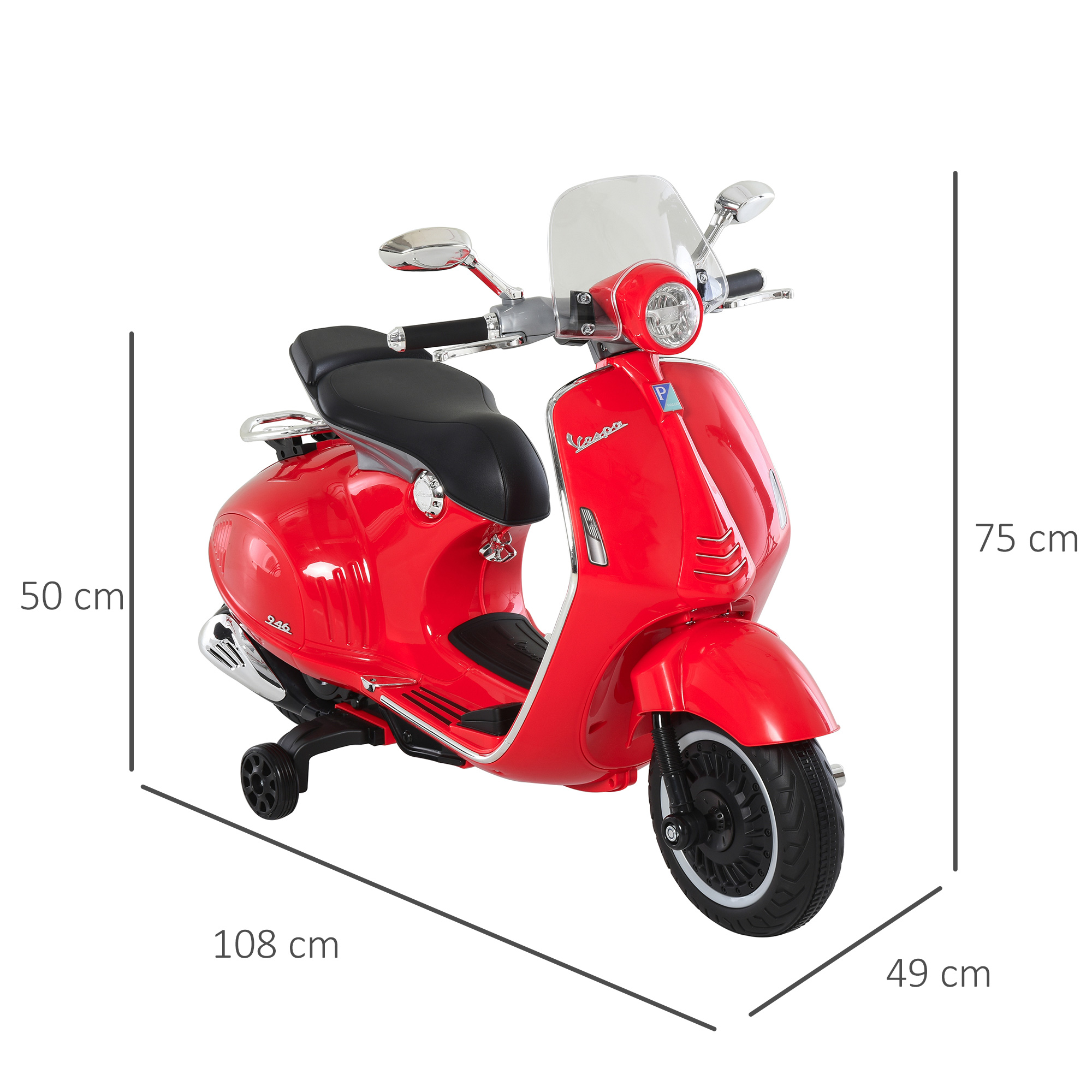 Scooter Vespa rosso con dimensioni segnate. Ruote nere, parabrezza bianco, sedile nero.