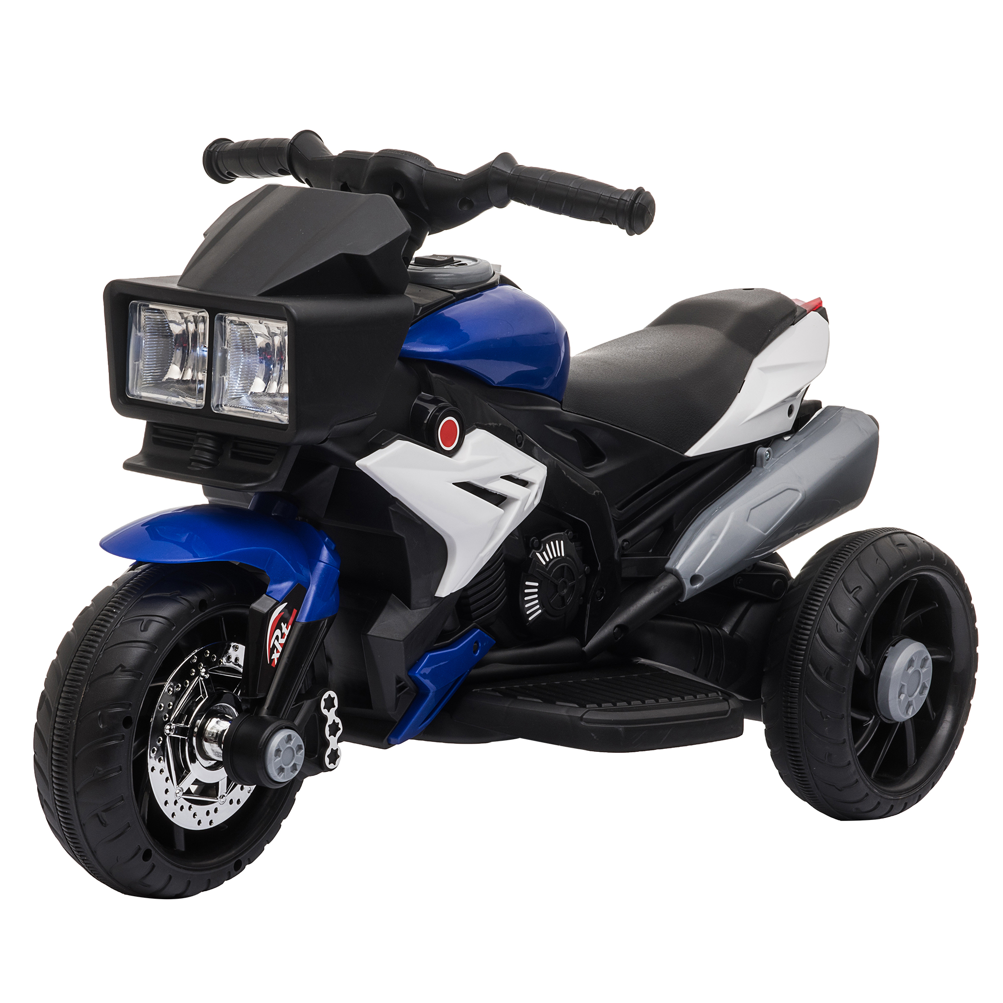 Moto giocattolo blu e nera con rotelle. Sfondo bianco.