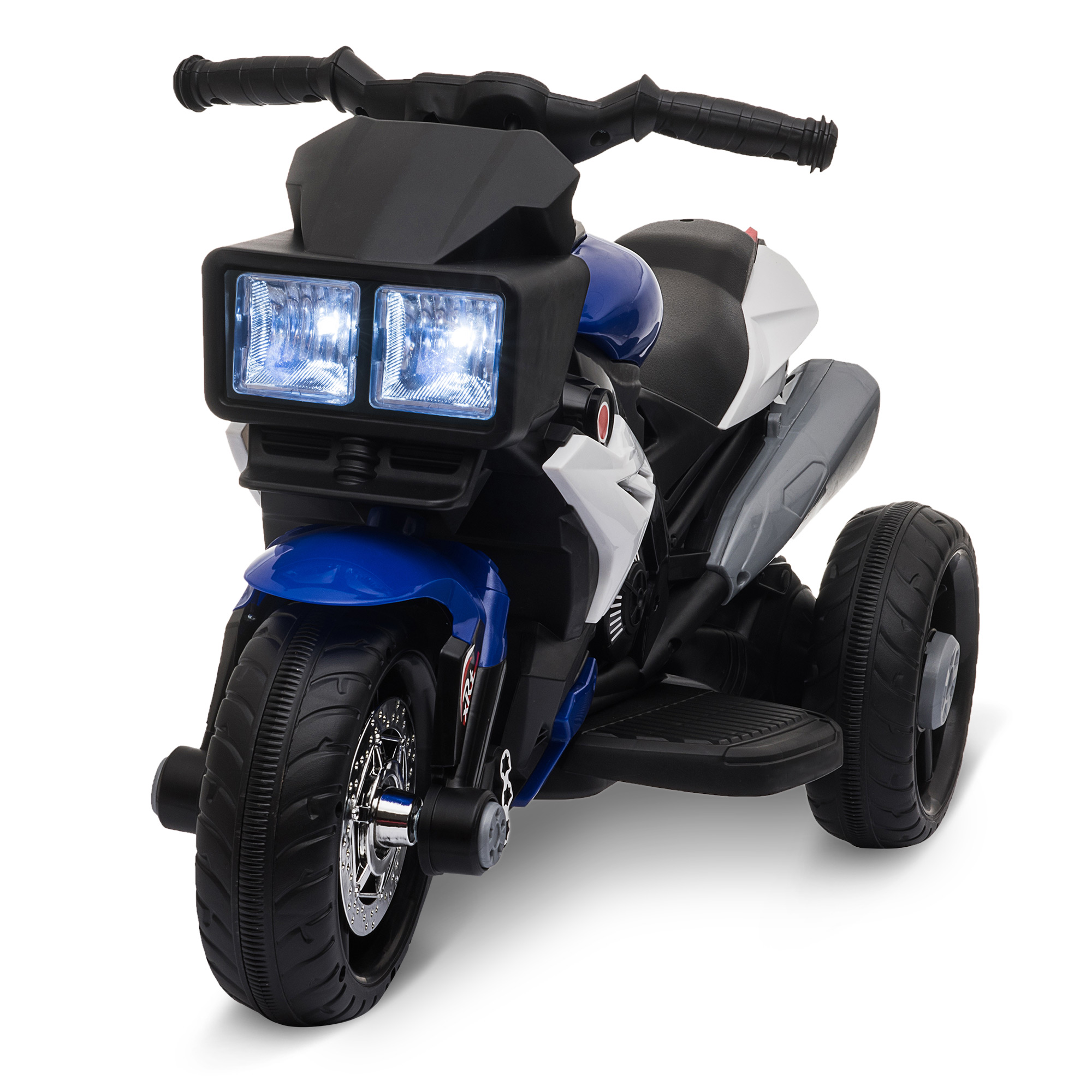 Motocicletta giocattolo, blu e bianca, con fari funzionanti. Sfondo bianco.