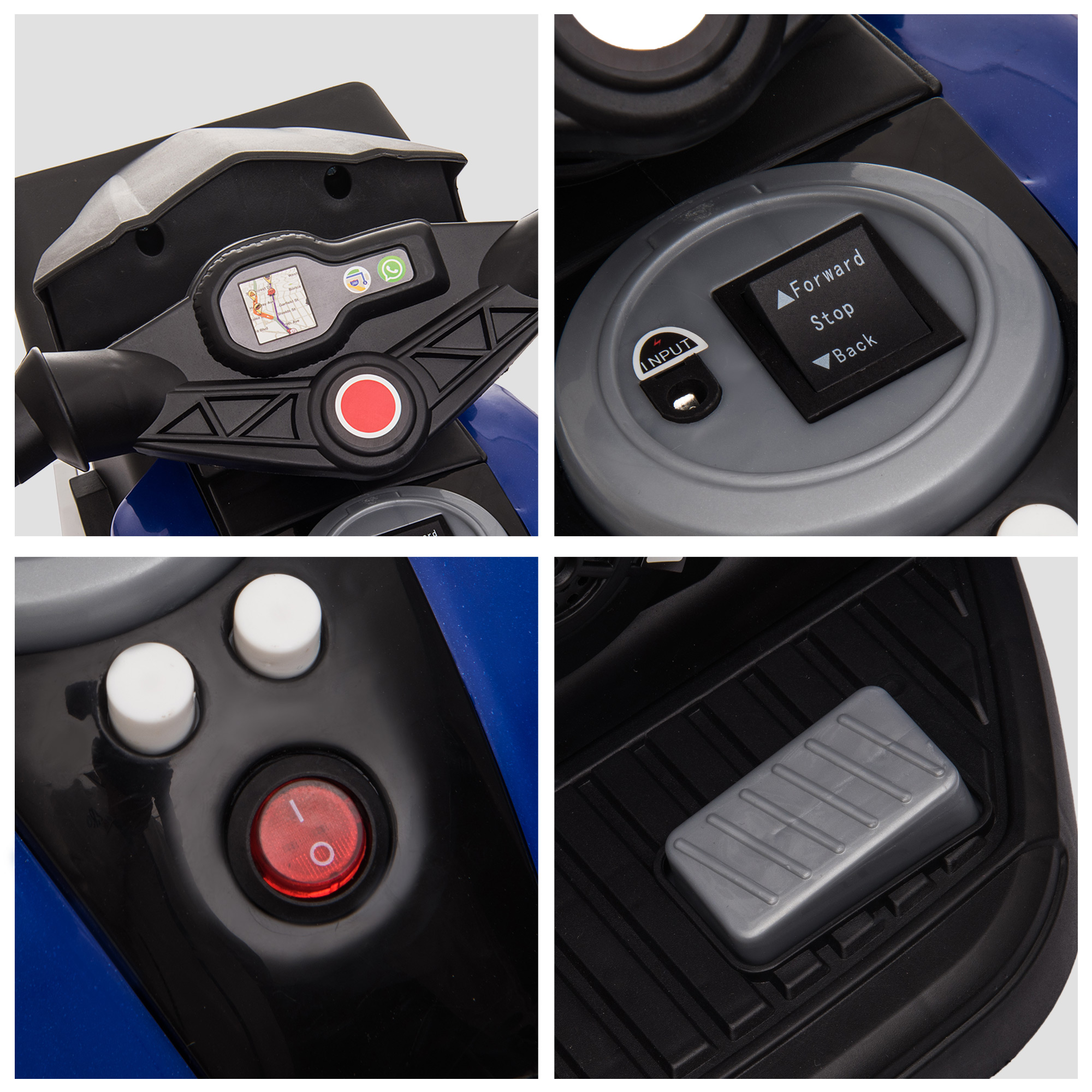 Primo piano dei dettagli di una moto giocattolo. Colori blu, nero e grigio.