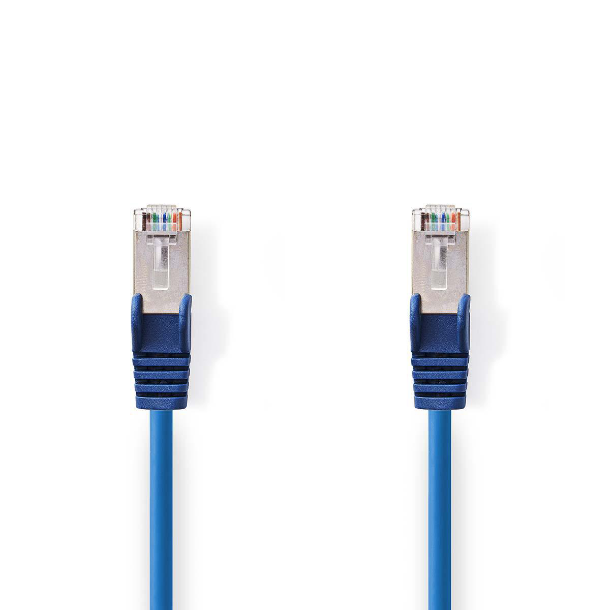 Twee blauwe Ethernet-kabels met blauwe connectoren op een witte achtergrond.