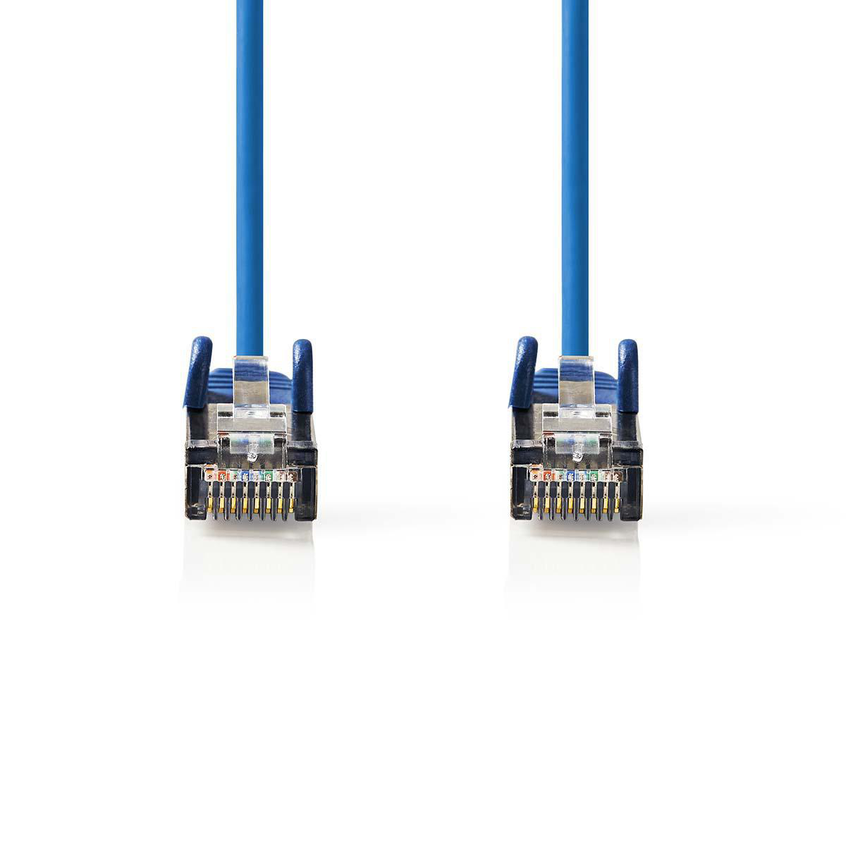 Twee blauwe netwerkkabels met connectoren. Witte achtergrond.