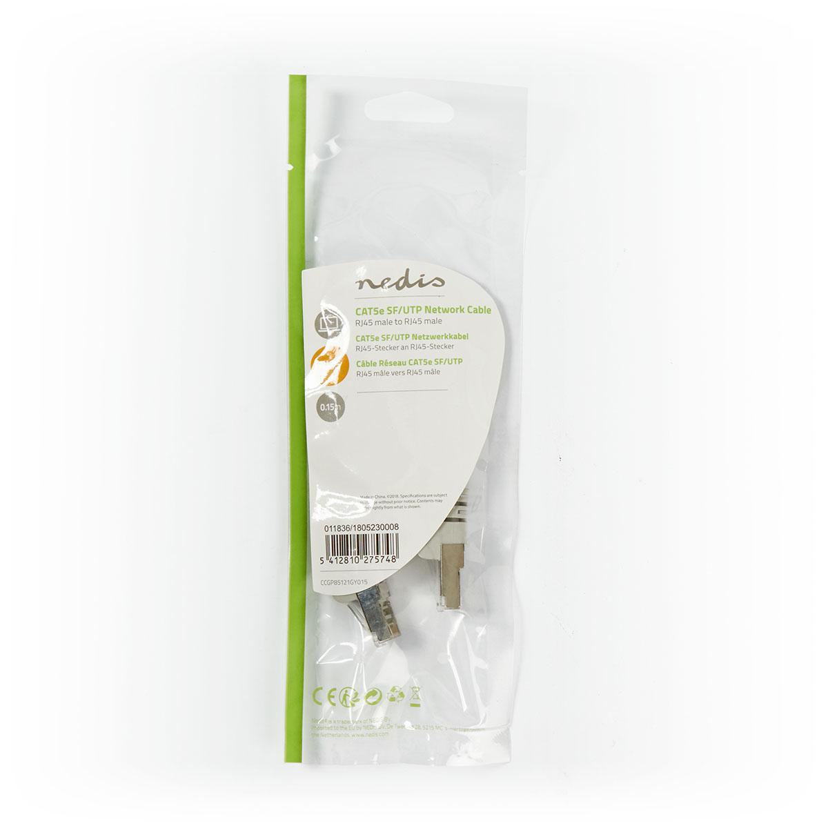 A plastic package with a network cable inside. Text on the package. The background is white.
