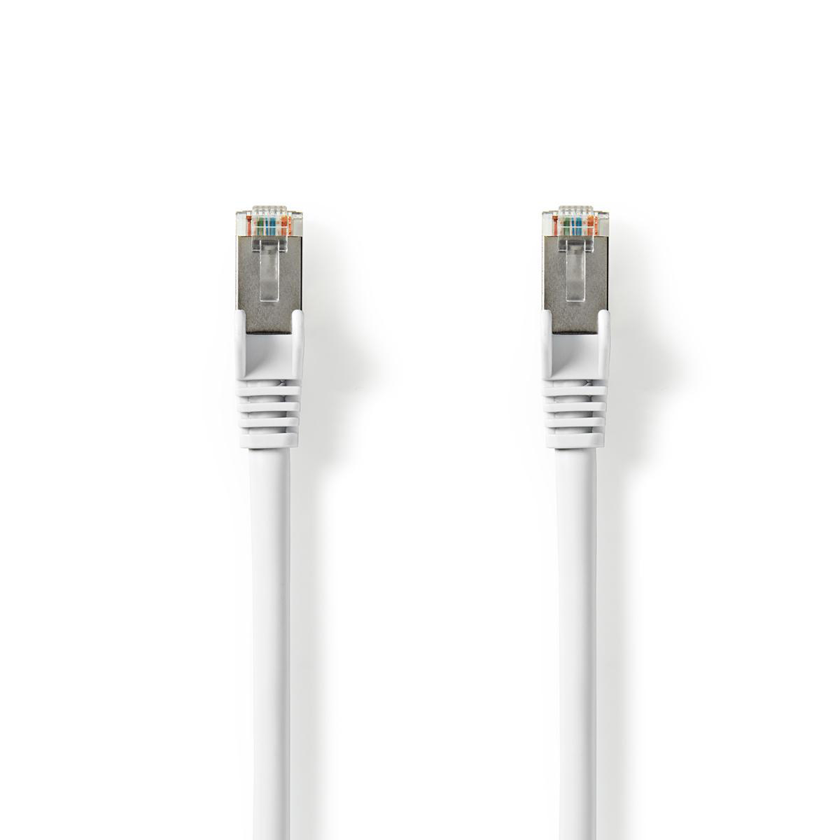Due cavi di rete bianchi con connettori RJ45 su superficie bianca.