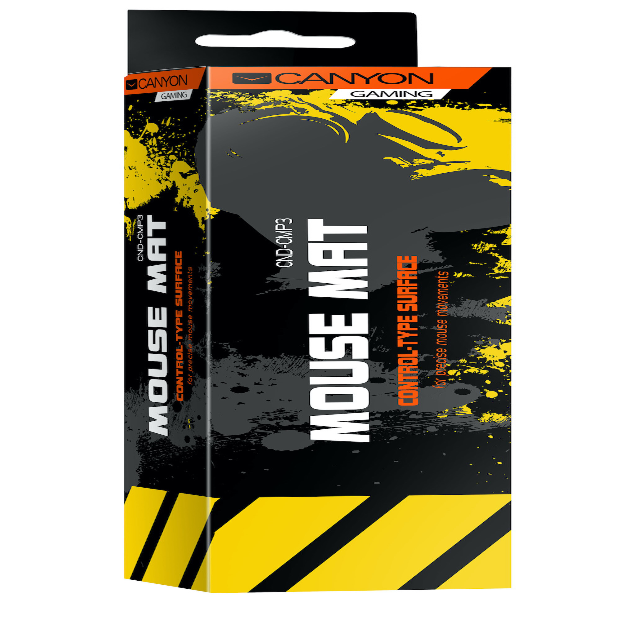 Pudełko maty pod mysz Canyon z tekstem i grafiką.