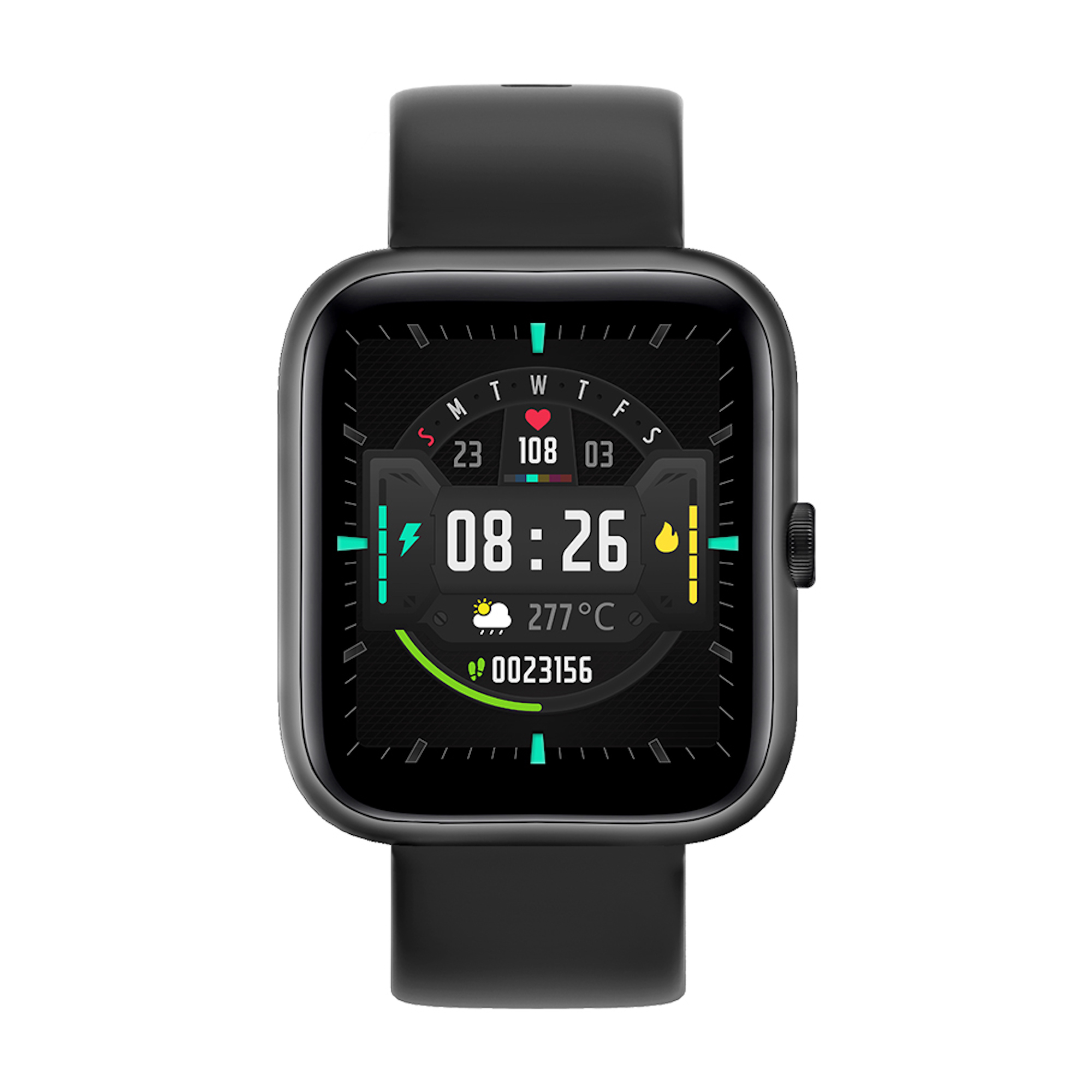 Smartwatch nero con quadrante quadrato che mostra ora, data e temperatura.